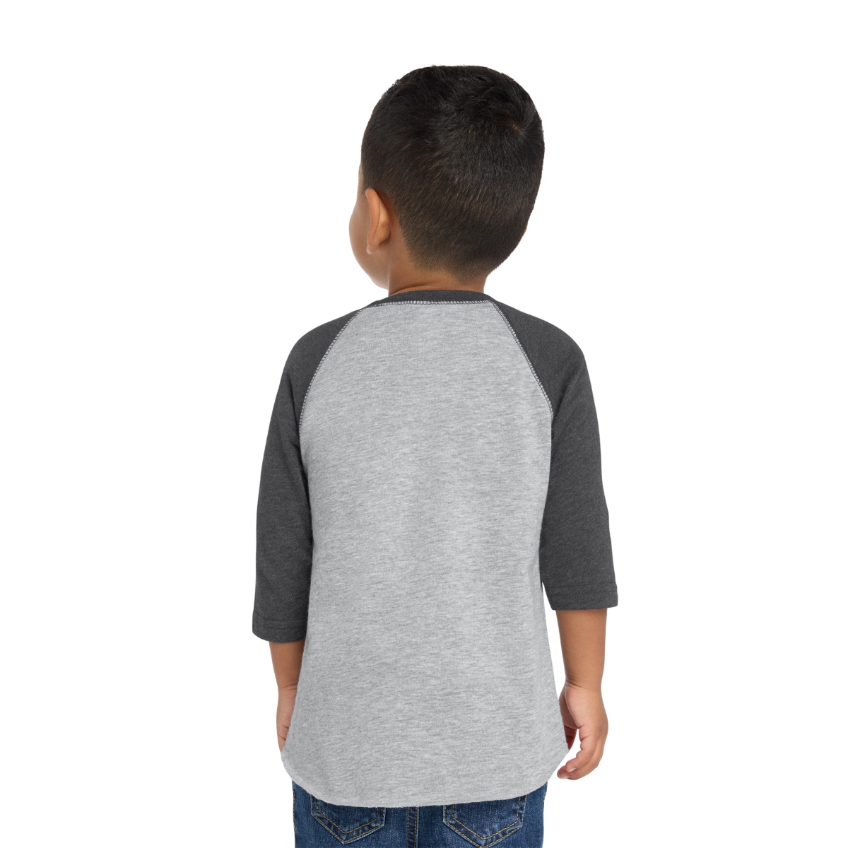 Baseball-style tee with contrast raglan sleeves, flatlock stitching, ribbed collar, and shirttail hem.
