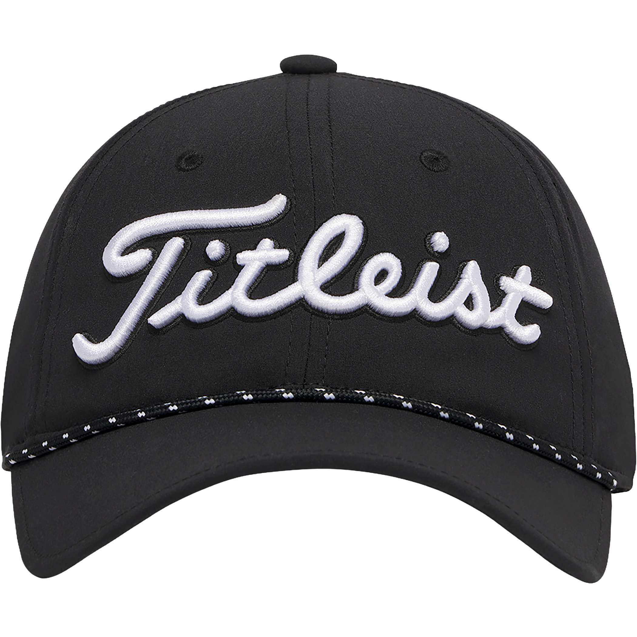 Black/White The Titleist® Tour Breezer Golf Hat features a lightweight, breathable performance fabric in a clean, modern golf hat design, with starburst perforations, a braided rope detail across the curved bill, and an adjustable backstrap. Designed for comfortable wear during golf and other outdoor activities.