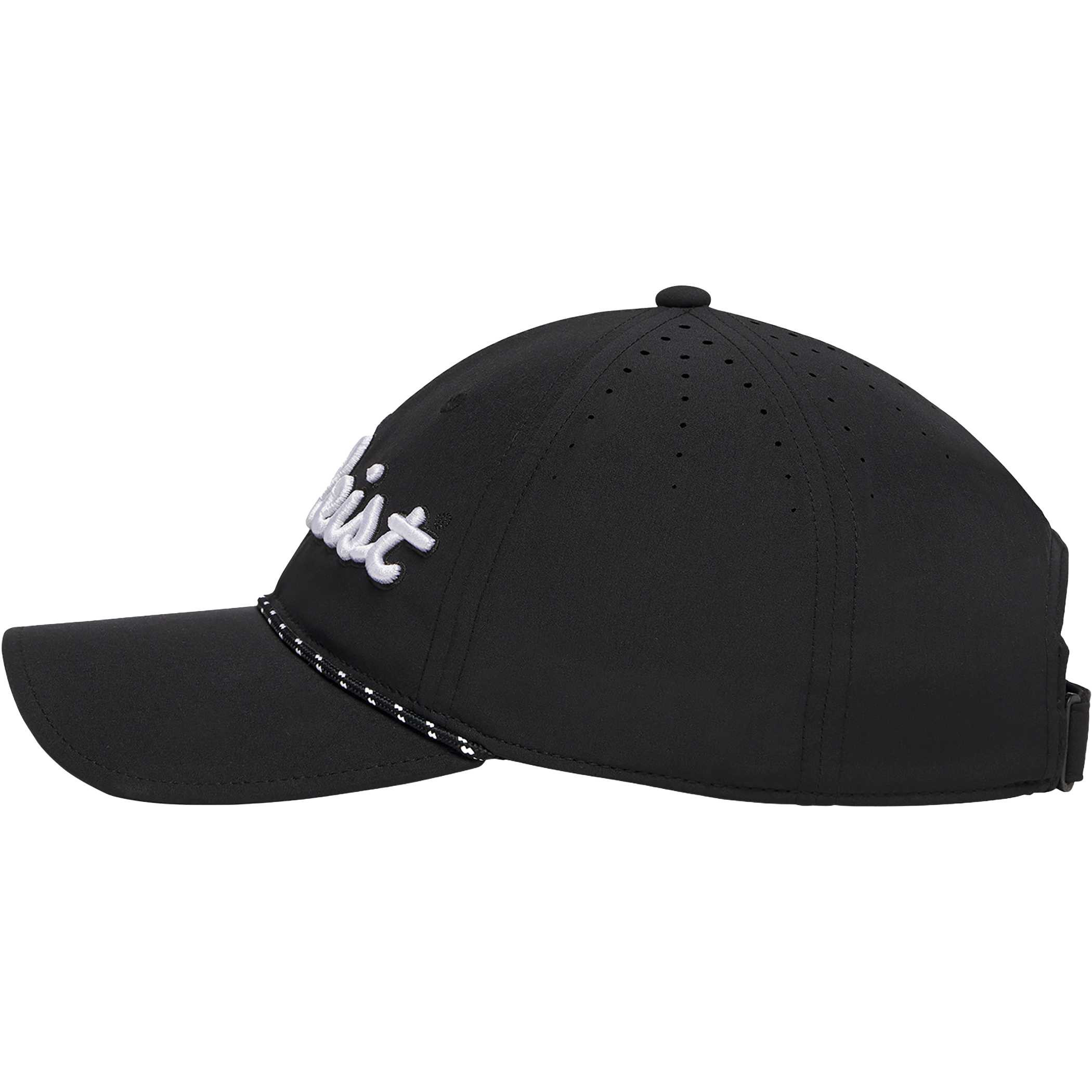 Black/White The Titleist® Tour Breezer Golf Hat features a lightweight, breathable performance fabric in a clean, modern golf hat design, with starburst perforations, a braided rope detail across the curved bill, and an adjustable backstrap. Designed for comfortable wear during golf and other outdoor activities.