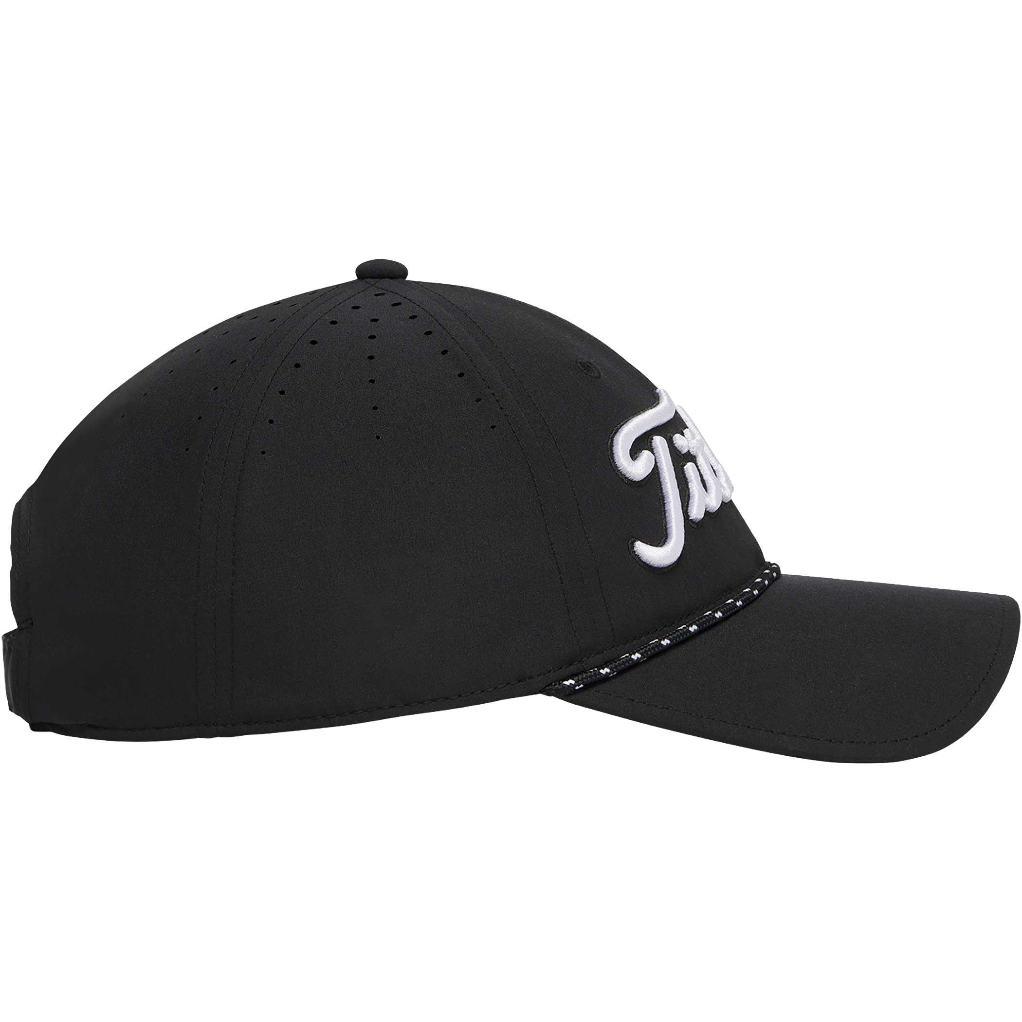 Black/White The Titleist® Tour Breezer Golf Hat features a lightweight, breathable performance fabric in a clean, modern golf hat design, with starburst perforations, a braided rope detail across the curved bill, and an adjustable backstrap. Designed for comfortable wear during golf and other outdoor activities.