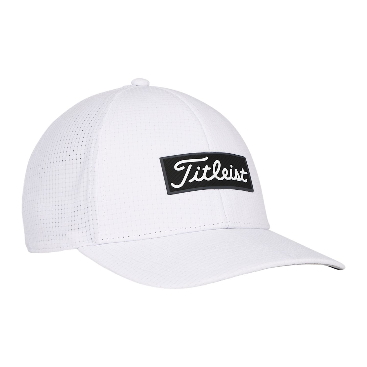 White/Black Titleist® Oceanside Golf Hat featuring a lightweight perforated fabric design in a structured six-panel style, semi-curve bill, Oceanside TPU patch, adjustable snapback closure, and breathable moisture-wicking sweatband, designed for golf and warm-weather outdoor wear.