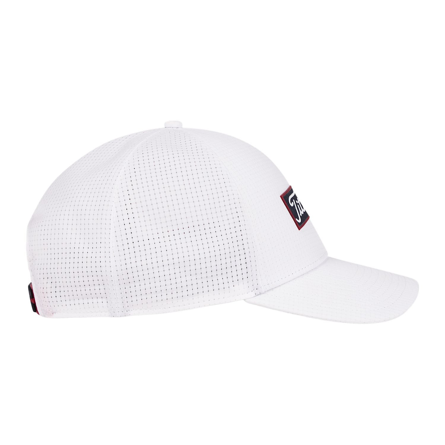 White/Black Titleist® Oceanside Golf Hat featuring a lightweight perforated fabric design in a structured six-panel style, semi-curve bill, Oceanside TPU patch, adjustable snapback closure, and breathable moisture-wicking sweatband, designed for golf and warm-weather outdoor wear.
