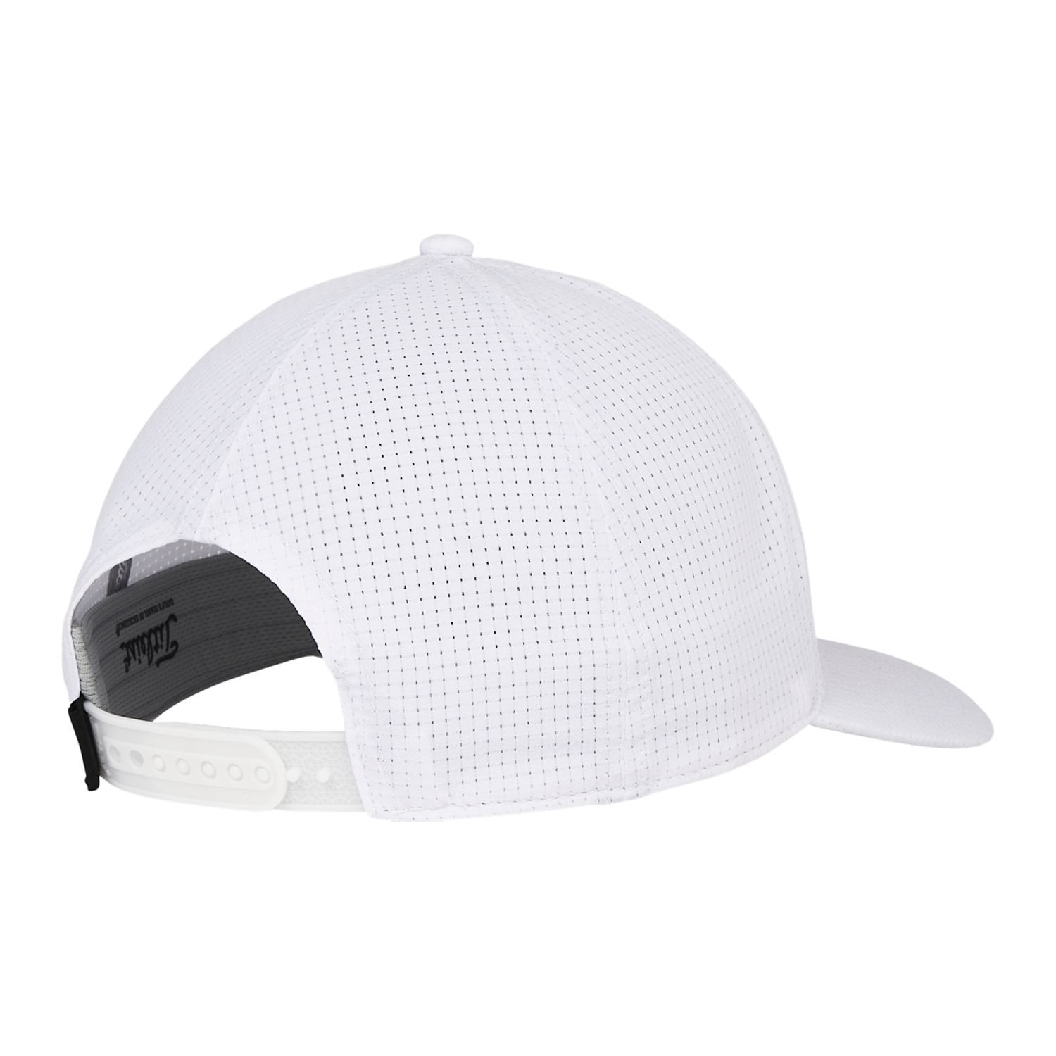 White/Black Titleist® Oceanside Golf Hat featuring a lightweight perforated fabric design in a structured six-panel style, semi-curve bill, Oceanside TPU patch, adjustable snapback closure, and breathable moisture-wicking sweatband, designed for golf and warm-weather outdoor wear.