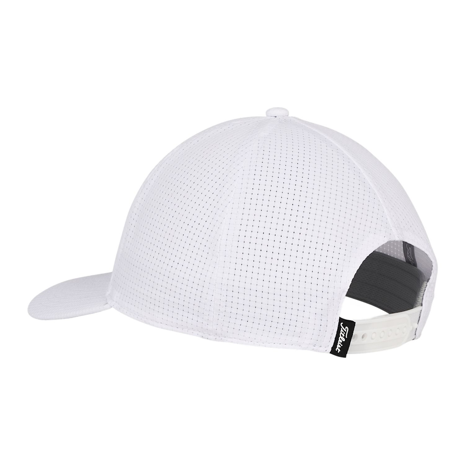 White/Black Titleist® Oceanside Golf Hat featuring a lightweight perforated fabric design in a structured six-panel style, semi-curve bill, Oceanside TPU patch, adjustable snapback closure, and breathable moisture-wicking sweatband, designed for golf and warm-weather outdoor wear.