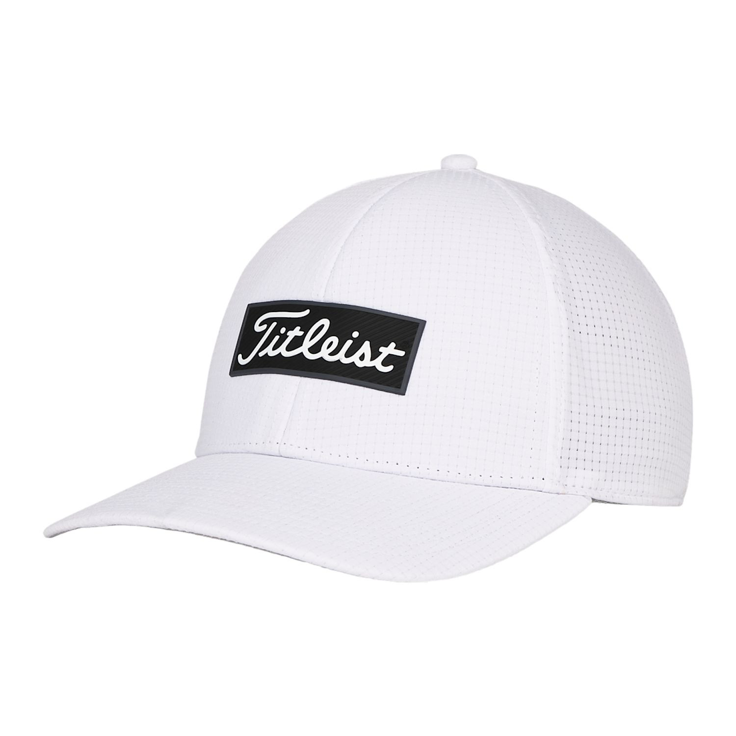 White/Black Titleist® Oceanside Golf Hat featuring a lightweight perforated fabric design in a structured six-panel style, semi-curve bill, Oceanside TPU patch, adjustable snapback closure, and breathable moisture-wicking sweatband, designed for golf and warm-weather outdoor wear.