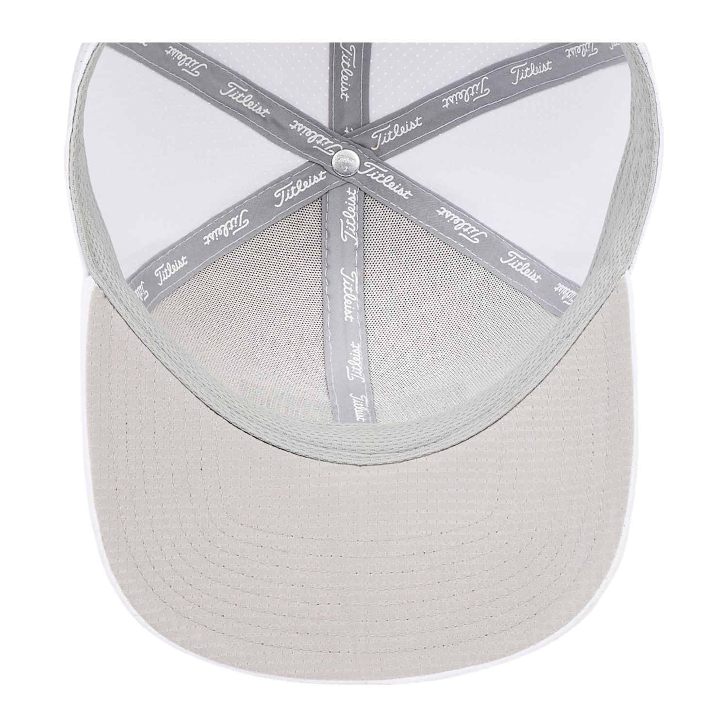 White/Black Titleist® Oceanside Golf Hat featuring a lightweight perforated fabric design in a structured six-panel style, semi-curve bill, Oceanside TPU patch, adjustable snapback closure, and breathable moisture-wicking sweatband, designed for golf and warm-weather outdoor wear.