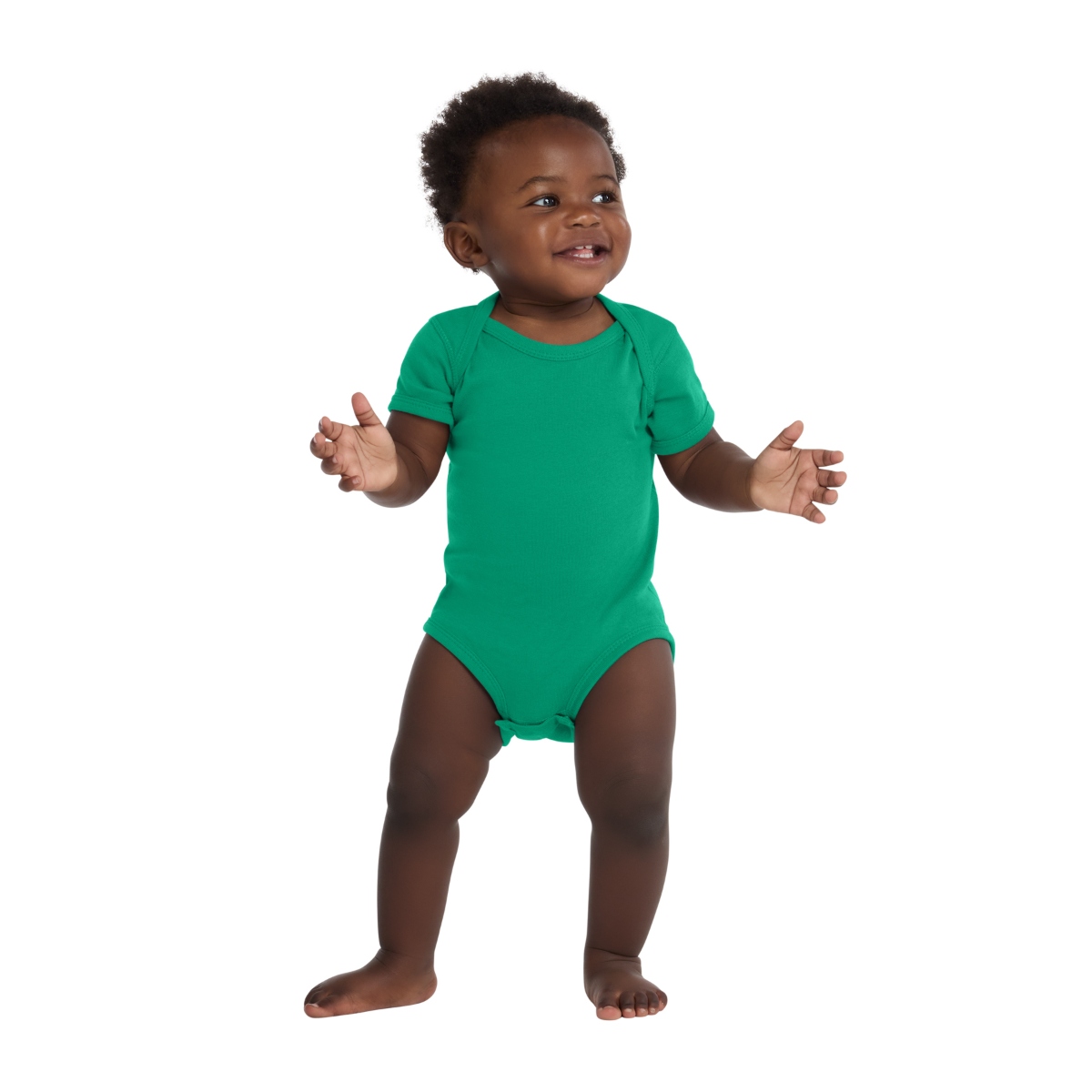 Kelly Baby bodysuit with lap shoulders, flatlock seams, ribbed binding, and convenient three-snap closure.