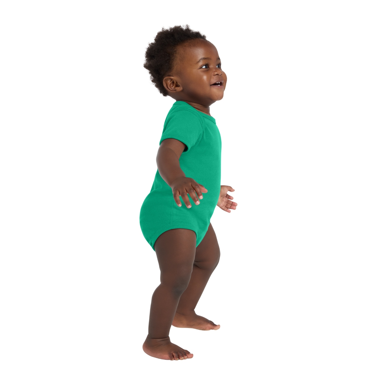 Kelly Baby bodysuit with lap shoulders, flatlock seams, ribbed binding, and convenient three-snap closure.