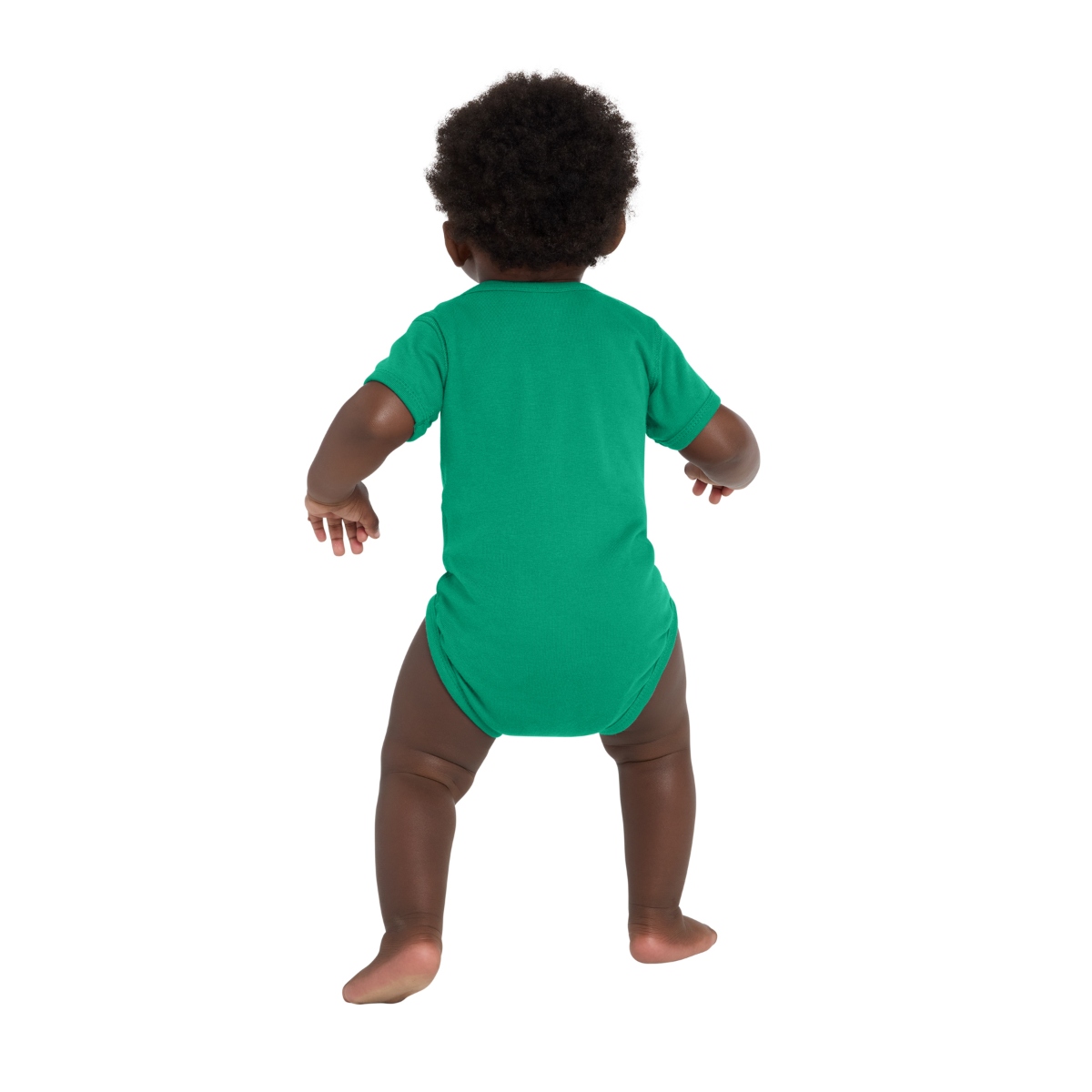 Kelly Baby bodysuit with lap shoulders, flatlock seams, ribbed binding, and convenient three-snap closure.