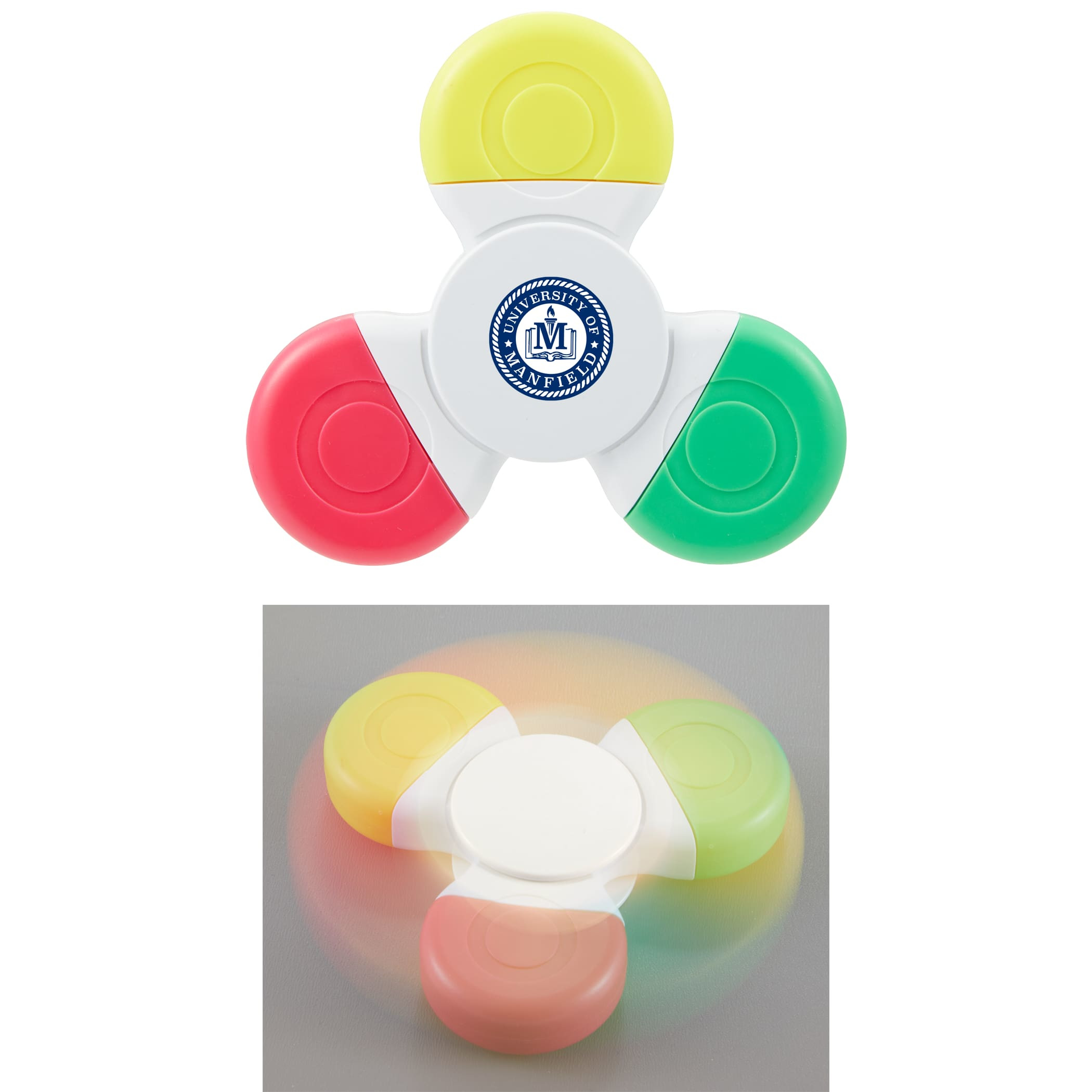 Multi-Ink Spinner Highlighter made of recycled ABS plastic, featuring a compact three-color red, green, and yellow highlighter design with a built-in fidget spinner for studying, note-taking, and color-coding documents.