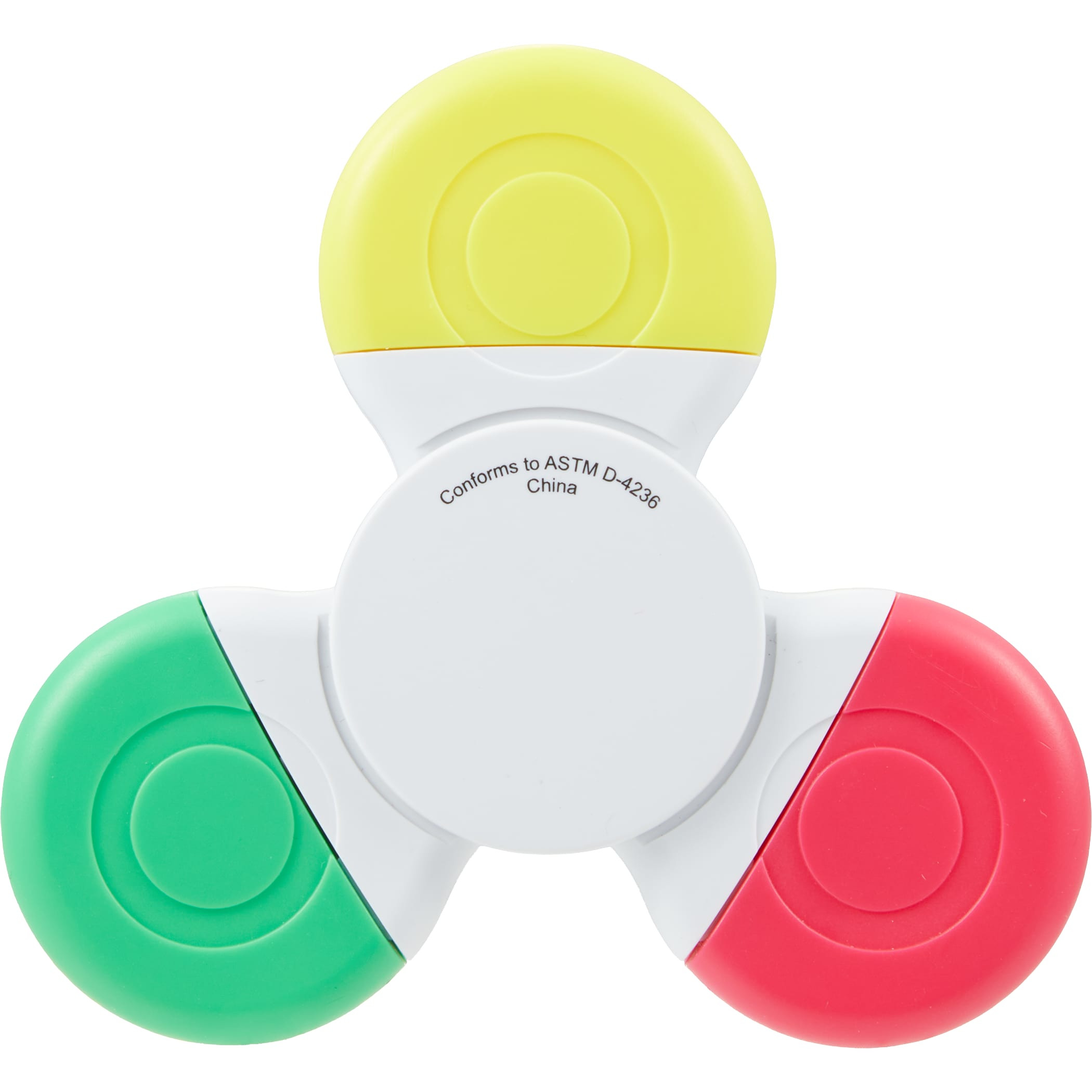 Multi-Ink Spinner Highlighter made of recycled ABS plastic, featuring a compact three-color red, green, and yellow highlighter design with a built-in fidget spinner for studying, note-taking, and color-coding documents.