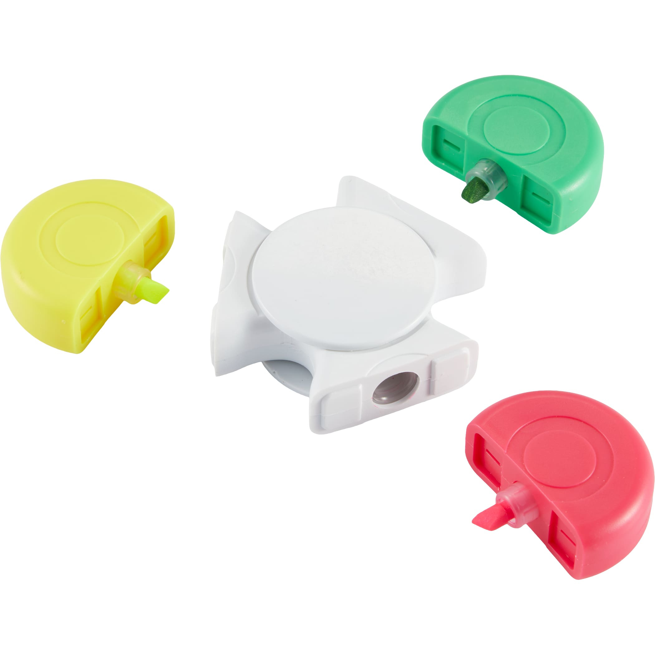Multi-Ink Spinner Highlighter made of recycled ABS plastic, featuring a compact three-color red, green, and yellow highlighter design with a built-in fidget spinner for studying, note-taking, and color-coding documents.