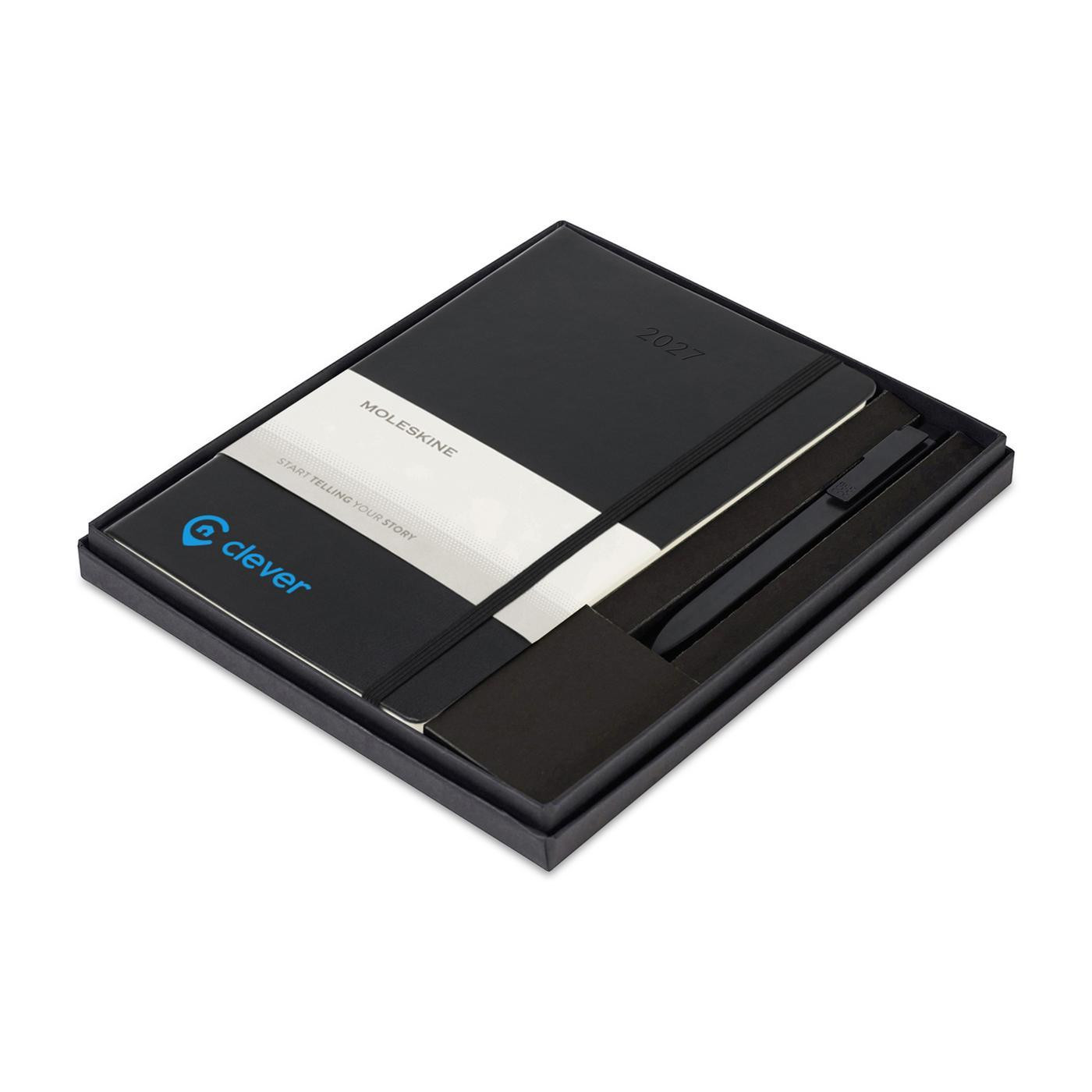 Black Moleskine hard cover weekly planner and GO Pen gift set for 2027, featuring a 12-month weekly planner, coordinating pen, and premium gift box packaging.