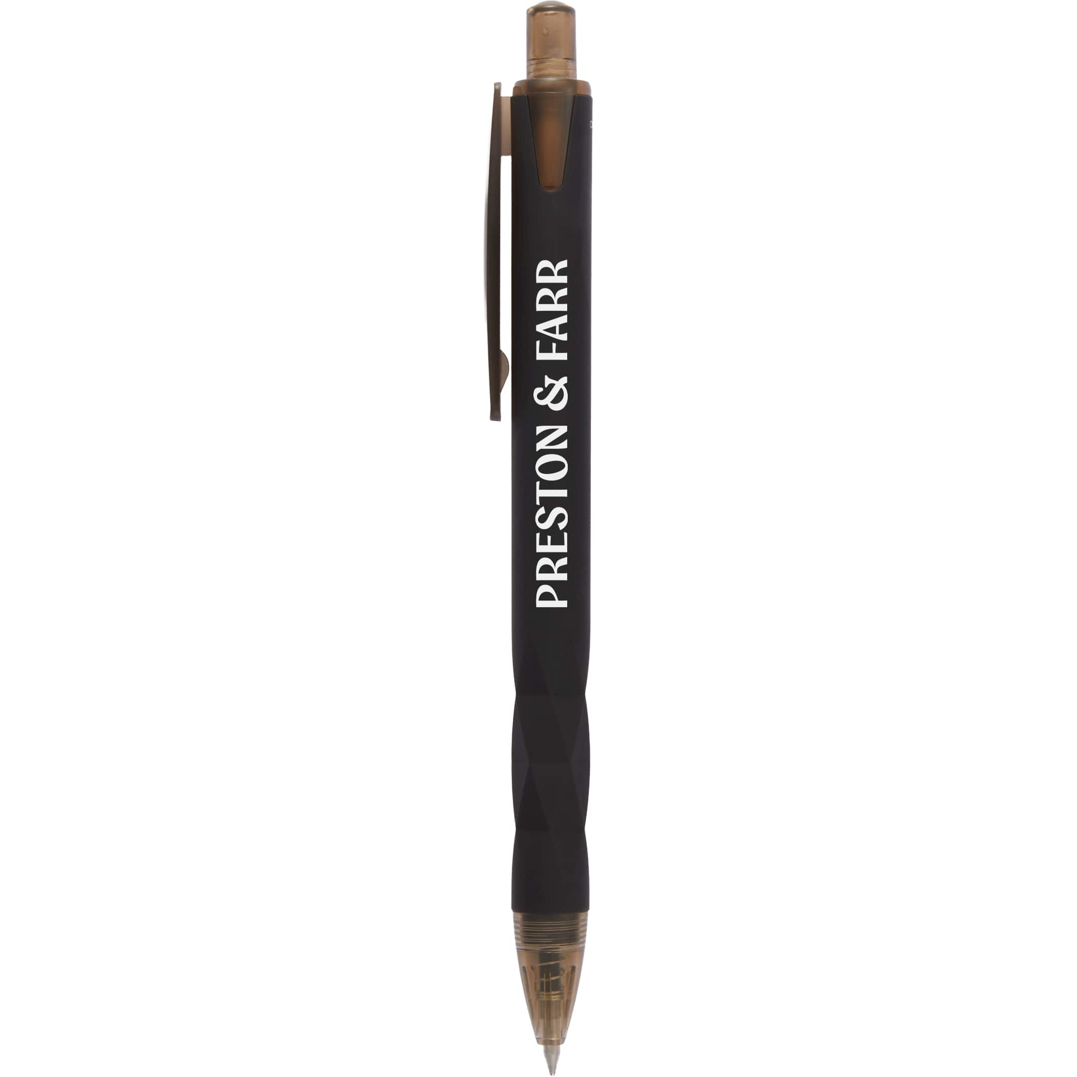 Black Hexi Soft Touch Recycled Gel Pen with a hexagonal textured grip, soft-touch black rubber coating, and recycled ABS barrel, designed for comfortable everyday writing with a 0.5 mm black gel ink tip.