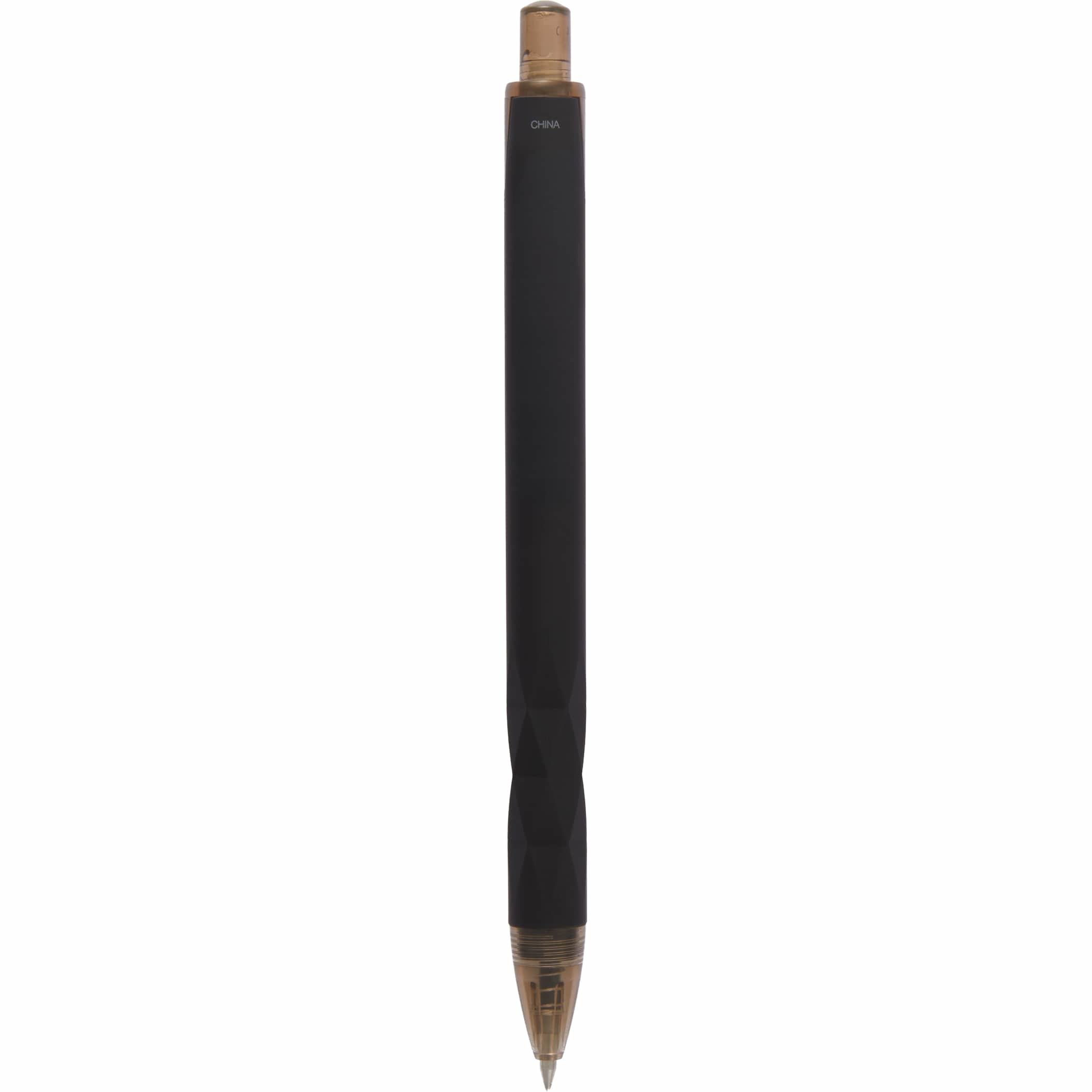 Black Hexi Soft Touch Recycled Gel Pen with a hexagonal textured grip, soft-touch black rubber coating, and recycled ABS barrel, designed for comfortable everyday writing with a 0.5 mm black gel ink tip.