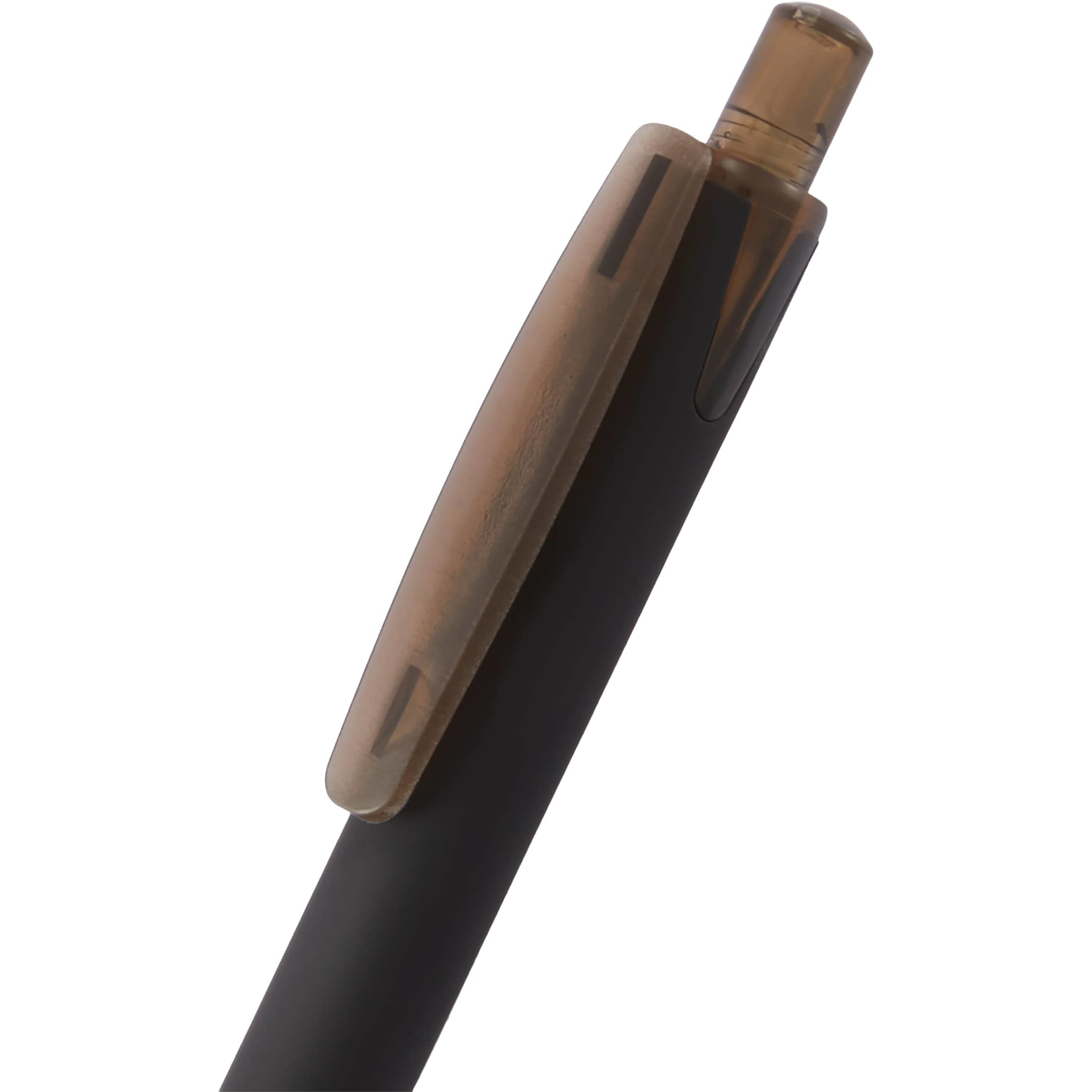 Black Hexi Soft Touch Recycled Gel Pen with a hexagonal textured grip, soft-touch black rubber coating, and recycled ABS barrel, designed for comfortable everyday writing with a 0.5 mm black gel ink tip.