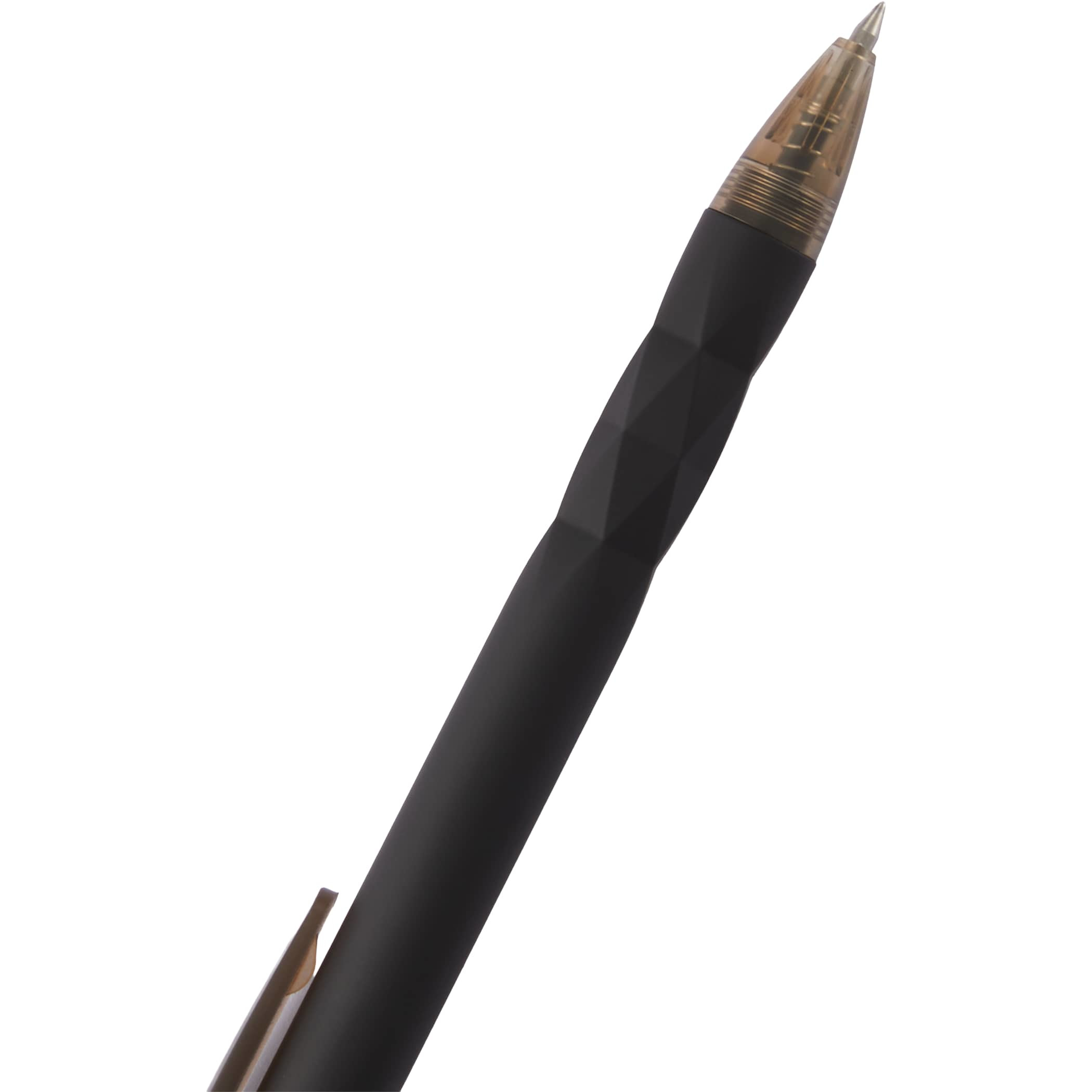 Black Hexi Soft Touch Recycled Gel Pen with a hexagonal textured grip, soft-touch black rubber coating, and recycled ABS barrel, designed for comfortable everyday writing with a 0.5 mm black gel ink tip.