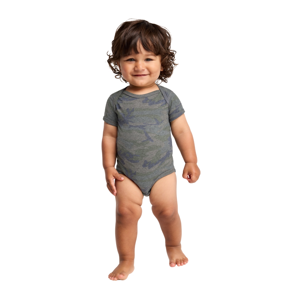 Camo Heathered baby bodysuit with lap shoulders, flatlock seams, ribbed binding, and convenient three-snap closure.