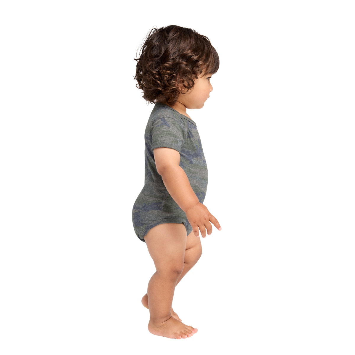 Camo Heathered baby bodysuit with lap shoulders, flatlock seams, ribbed binding, and convenient three-snap closure.