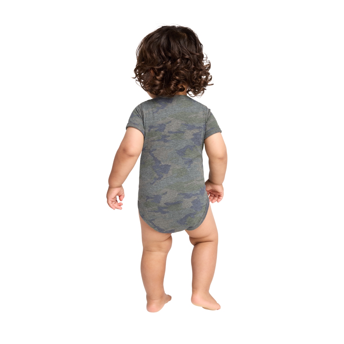 Camo Heathered baby bodysuit with lap shoulders, flatlock seams, ribbed binding, and convenient three-snap closure.