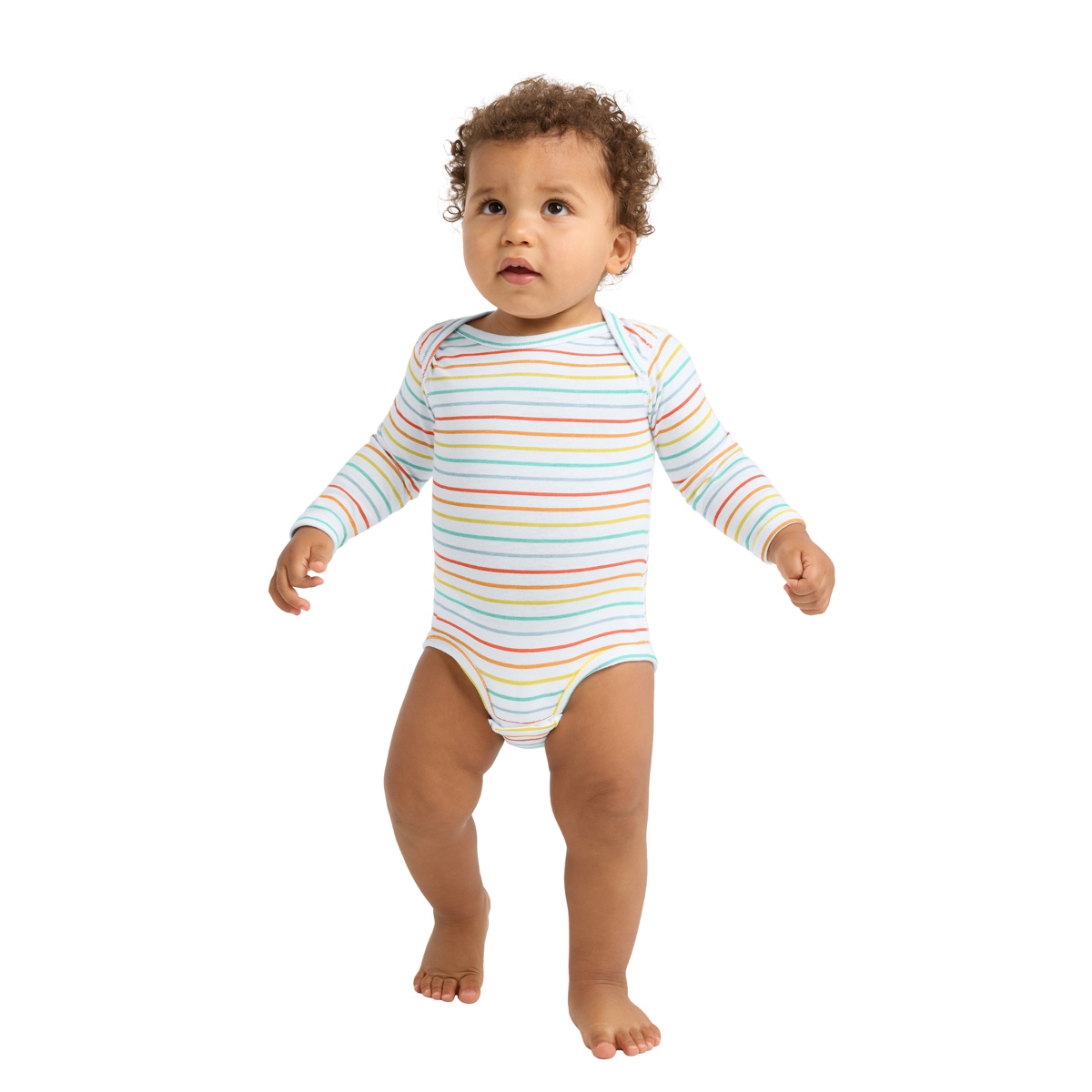 Classic baby bodysuit with flatlock seams, ribbed binding, side-seamed construction, and convenient three-snap closure