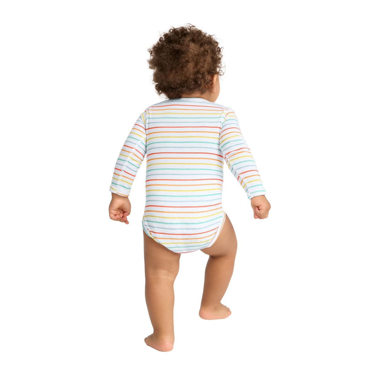 Classic baby bodysuit with flatlock seams, ribbed binding, side-seamed construction, and convenient three-snap closure