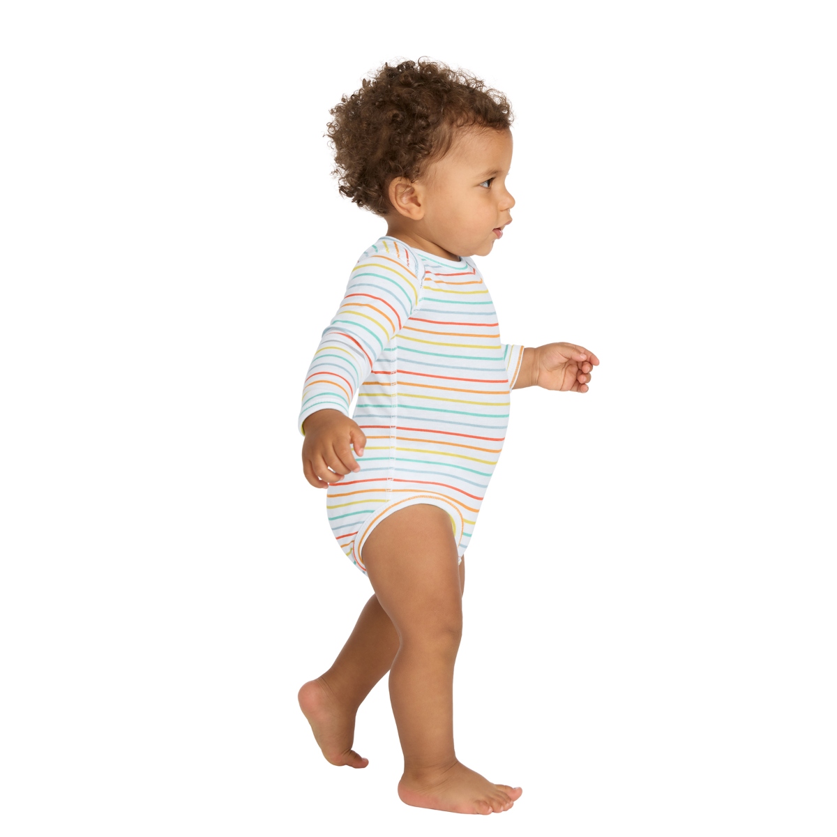 Classic baby bodysuit with flatlock seams, ribbed binding, side-seamed construction, and convenient three-snap closure