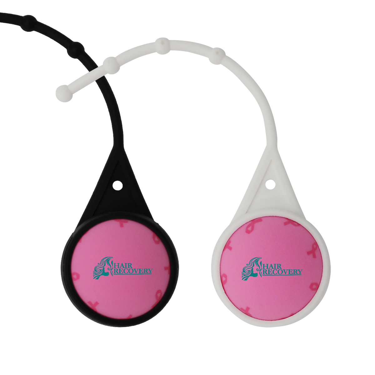 Pink breast cancer awareness lip balm with a soft-touch rubberized coating, vanilla flavor, and attached lanyard for convenient use with keys, bags, and purses.