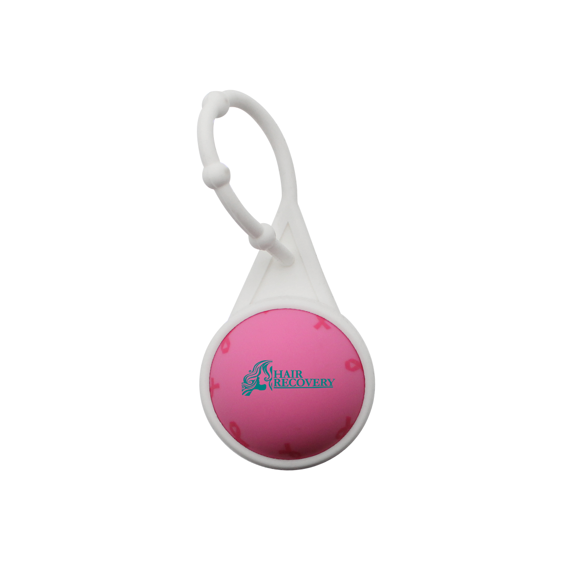 Pink breast cancer awareness lip balm with a soft-touch rubberized coating, vanilla flavor, and attached lanyard for convenient use with keys, bags, and purses.