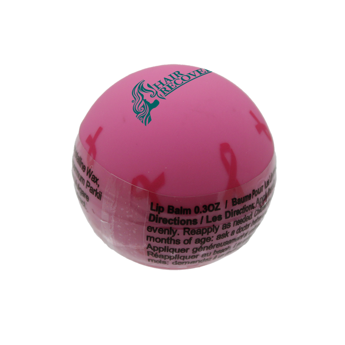 Pink breast cancer awareness lip balm with a soft-touch rubberized coating, vanilla flavor, and attached lanyard for convenient use with keys, bags, and purses.