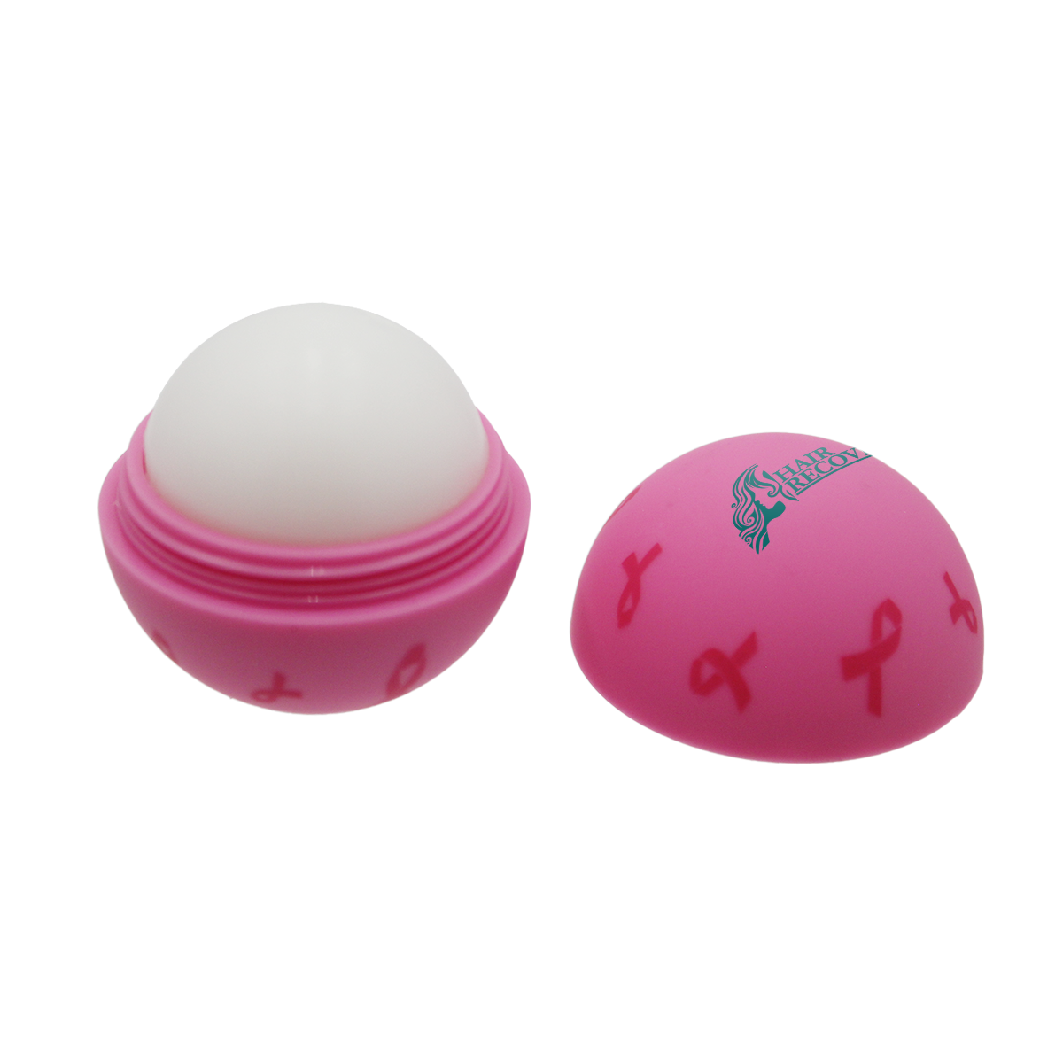 Pink breast cancer awareness lip balm with a soft-touch rubberized coating, vanilla flavor, and attached lanyard for convenient use with keys, bags, and purses.