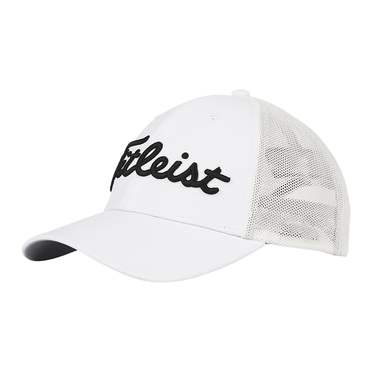White and black performance golf hat featuring a structured front panel, breathable mesh back panels, curved bill, and snapback closure.