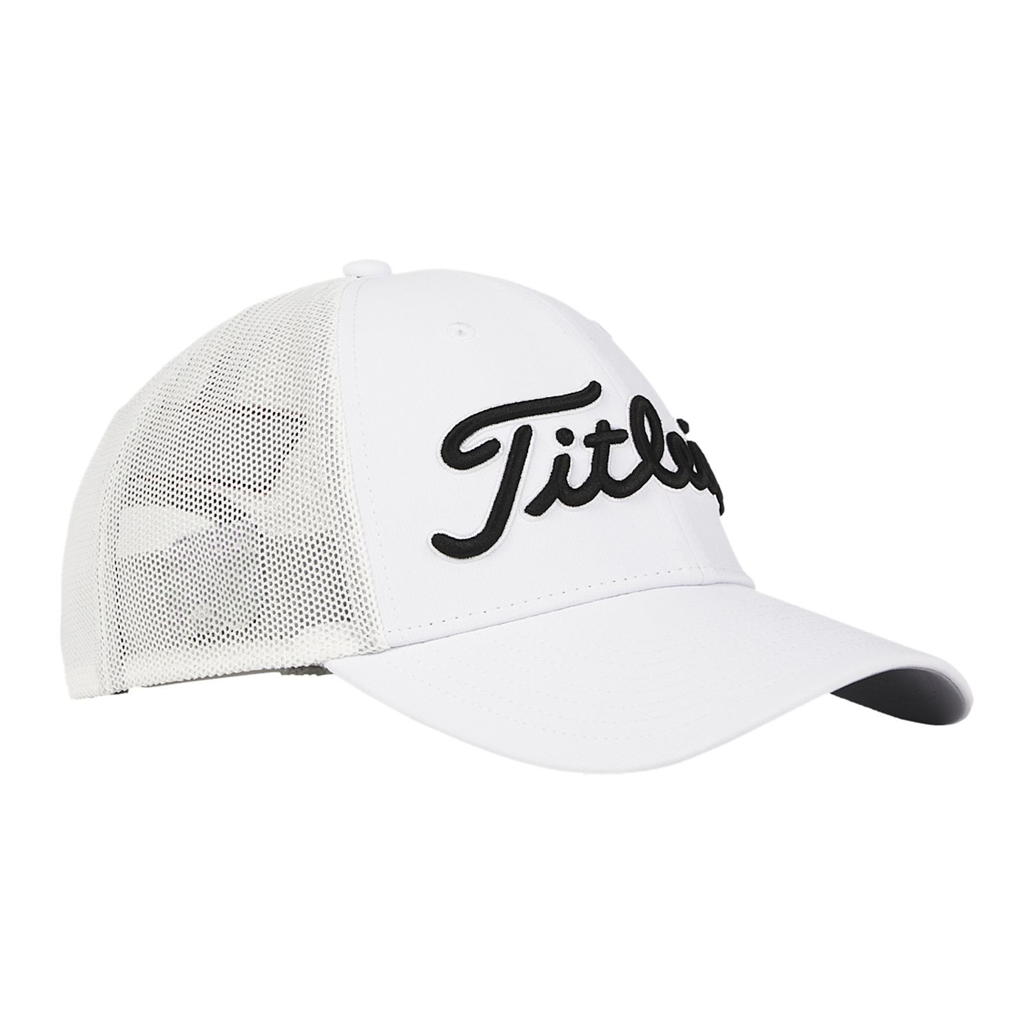 White and black performance golf hat featuring a structured front panel, breathable mesh back panels, curved bill, and snapback closure.