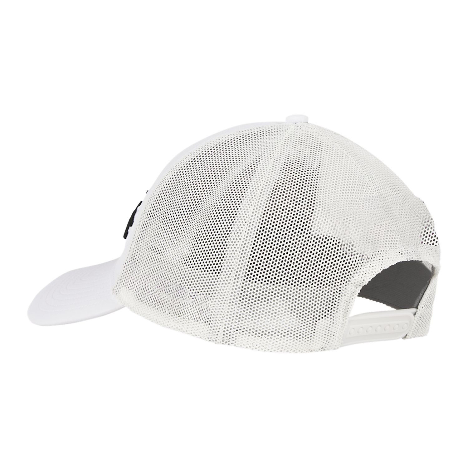White and black performance golf hat featuring a structured front panel, breathable mesh back panels, curved bill, and snapback closure.