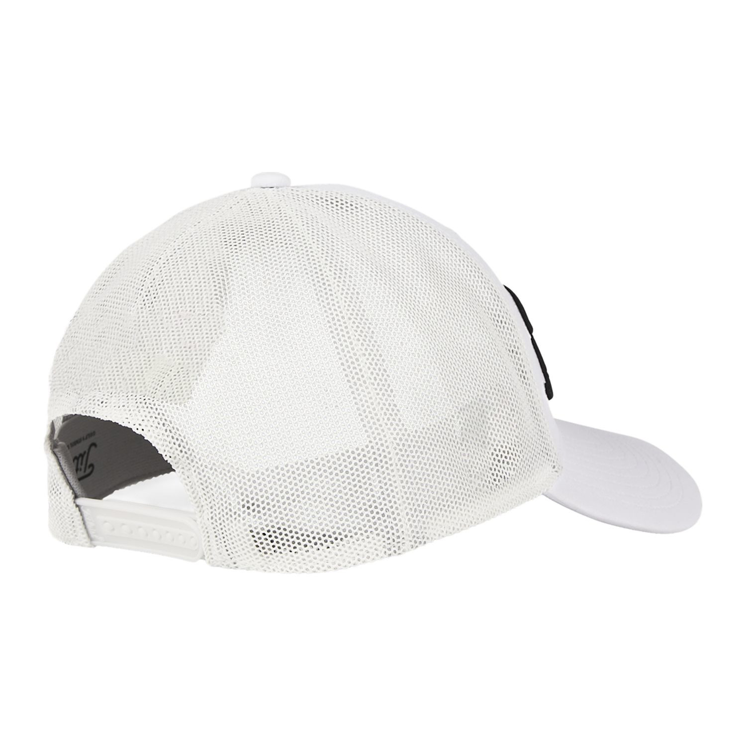 White and black performance golf hat featuring a structured front panel, breathable mesh back panels, curved bill, and snapback closure.
