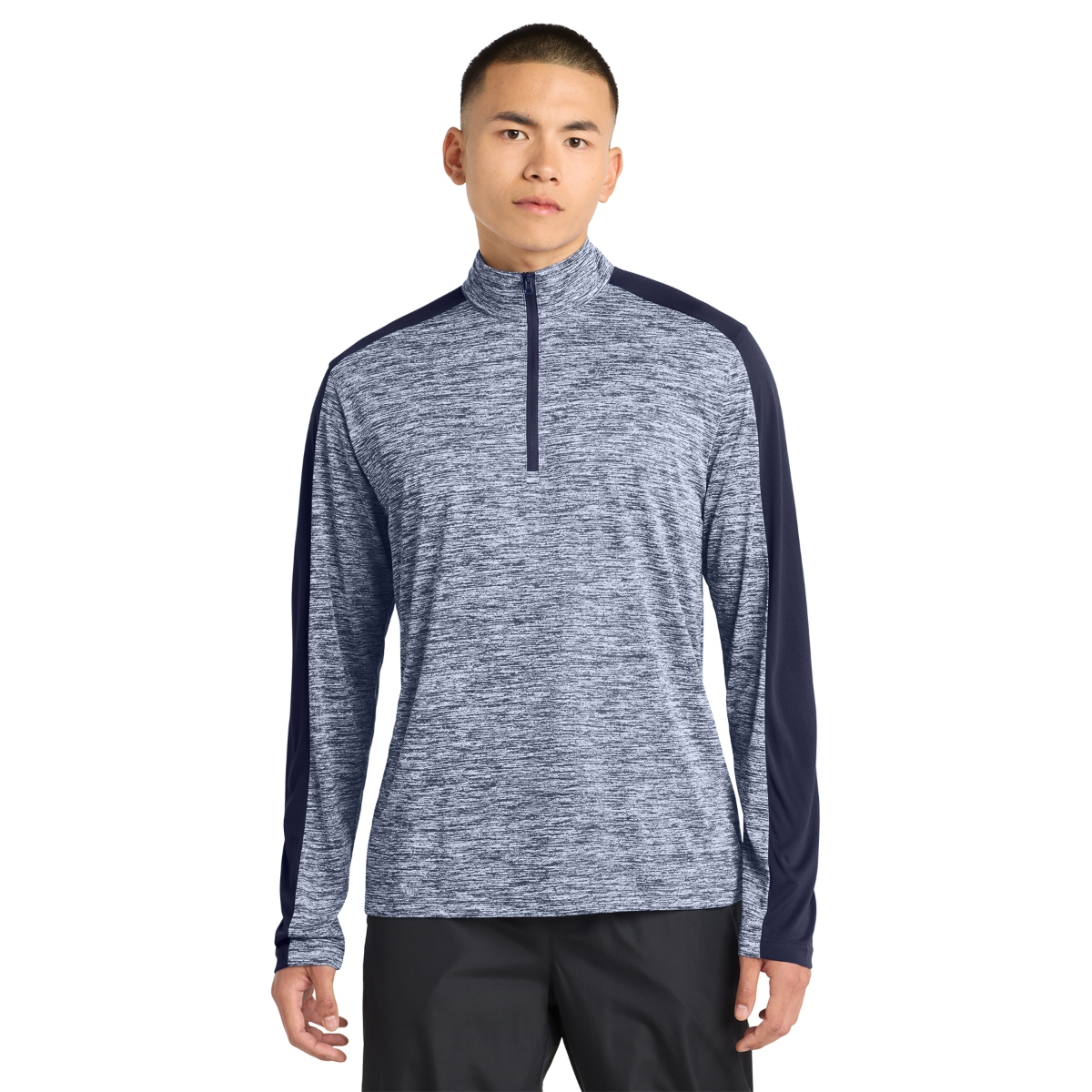Lightweight colorblock pullover with moisture-wicking polyester, cadet collar, reverse coil zipper, and open cuffs and hem.