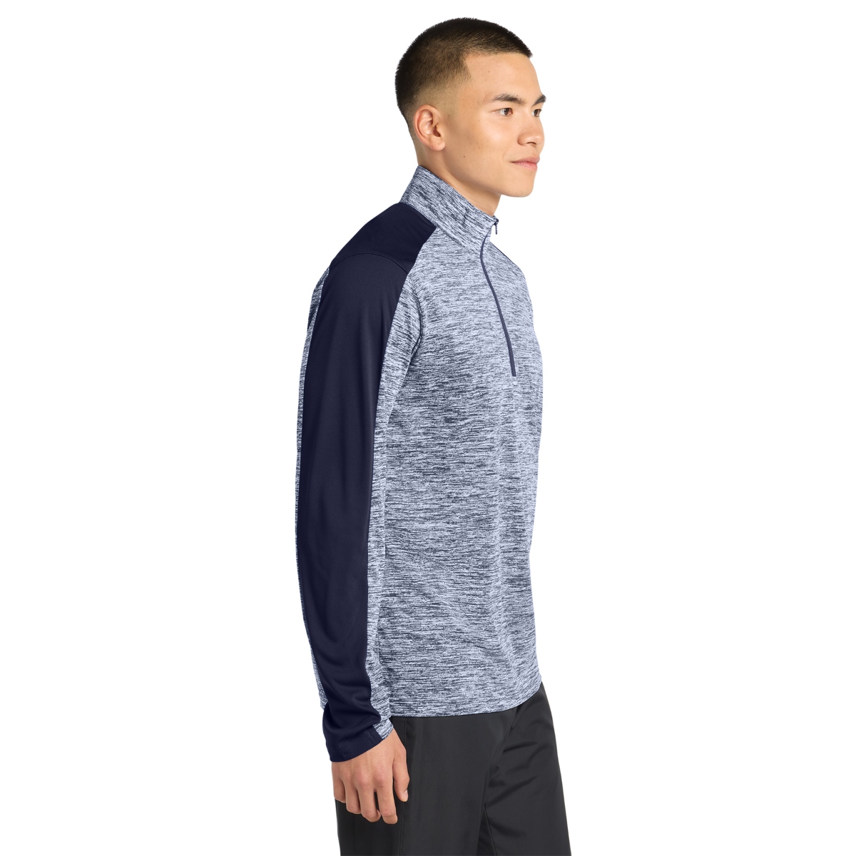 Lightweight colorblock pullover with moisture-wicking polyester, cadet collar, reverse coil zipper, and open cuffs and hem.