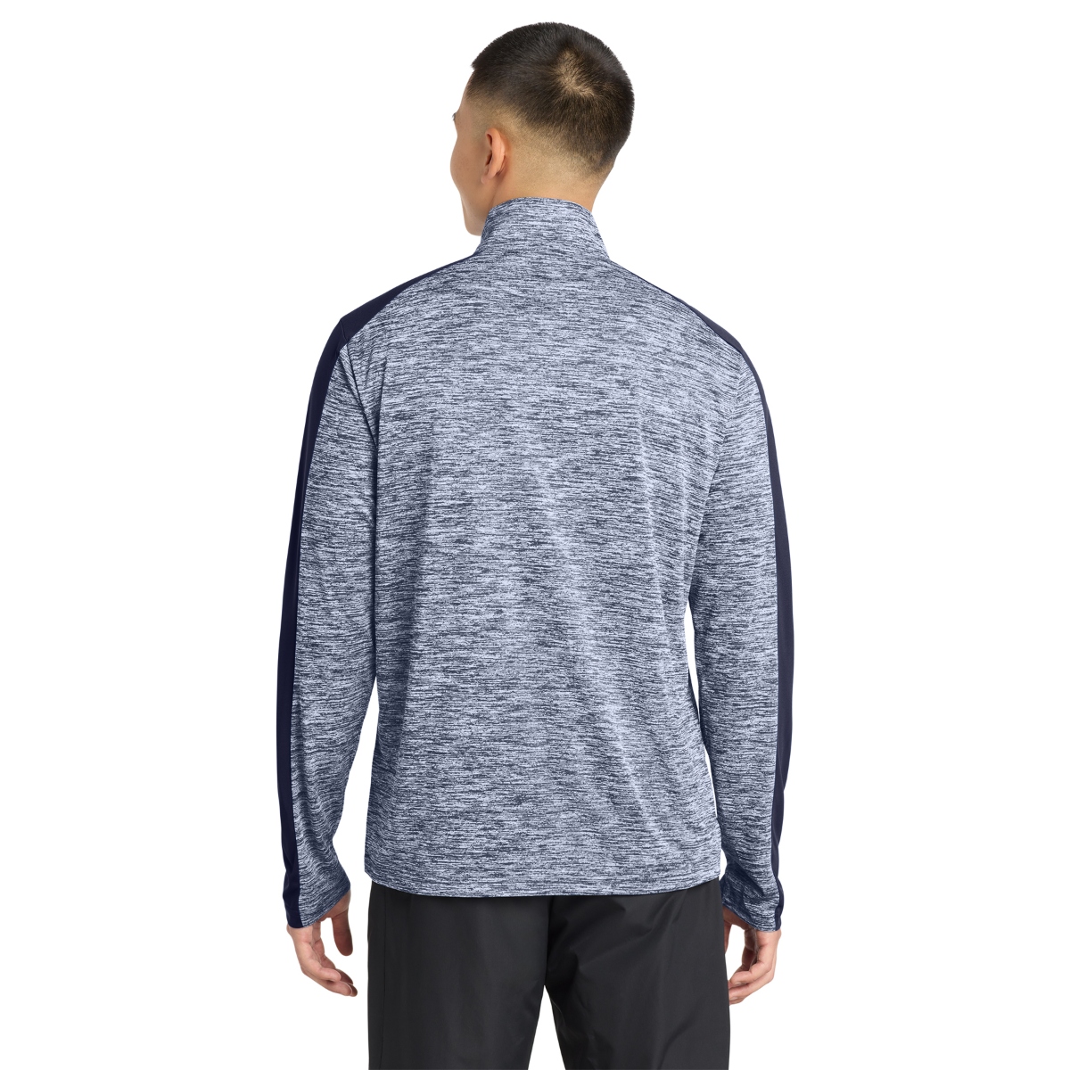 Lightweight colorblock pullover with moisture-wicking polyester, cadet collar, reverse coil zipper, and open cuffs and hem.