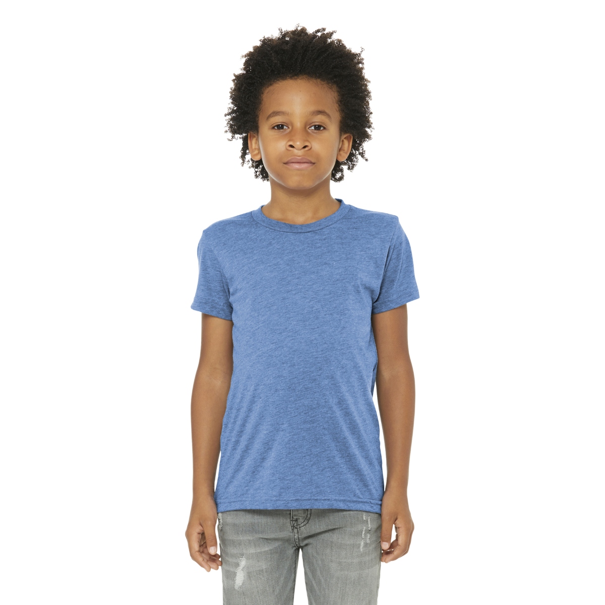 Blue Retail-fit tri-blend tee with a lightweight construction, side-seamed design, and comfortable tear-away label.