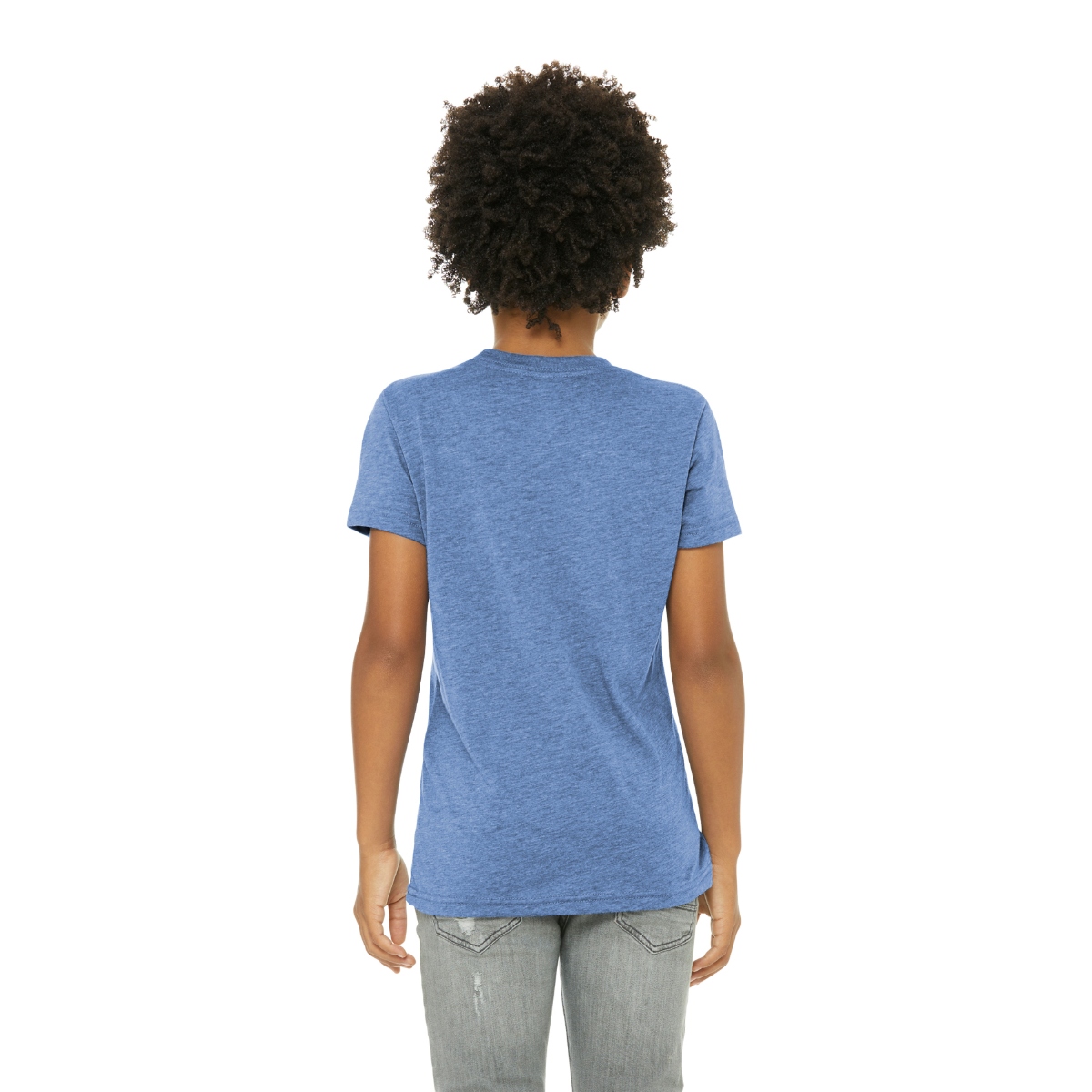 Blue Retail-fit tri-blend tee with a lightweight construction, side-seamed design, and comfortable tear-away label.