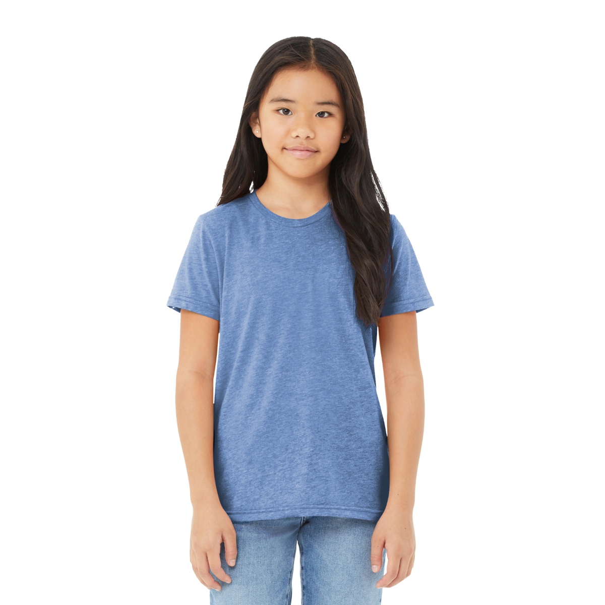 Blue Retail-fit tri-blend tee with a lightweight construction, side-seamed design, and comfortable tear-away label.