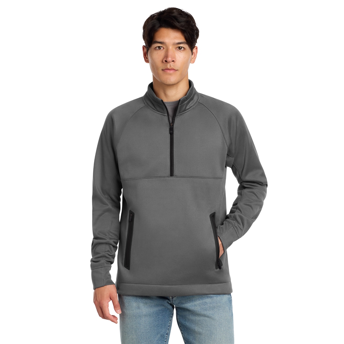 Moisture-wicking fleece pullover with raglan sleeves, exposed zipper, welded zippered pockets, and a sleek performance design.