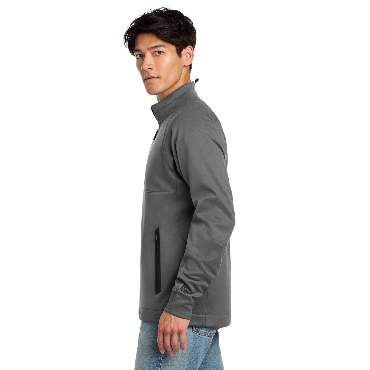 Moisture-wicking fleece pullover with raglan sleeves, exposed zipper, welded zippered pockets, and a sleek performance design.