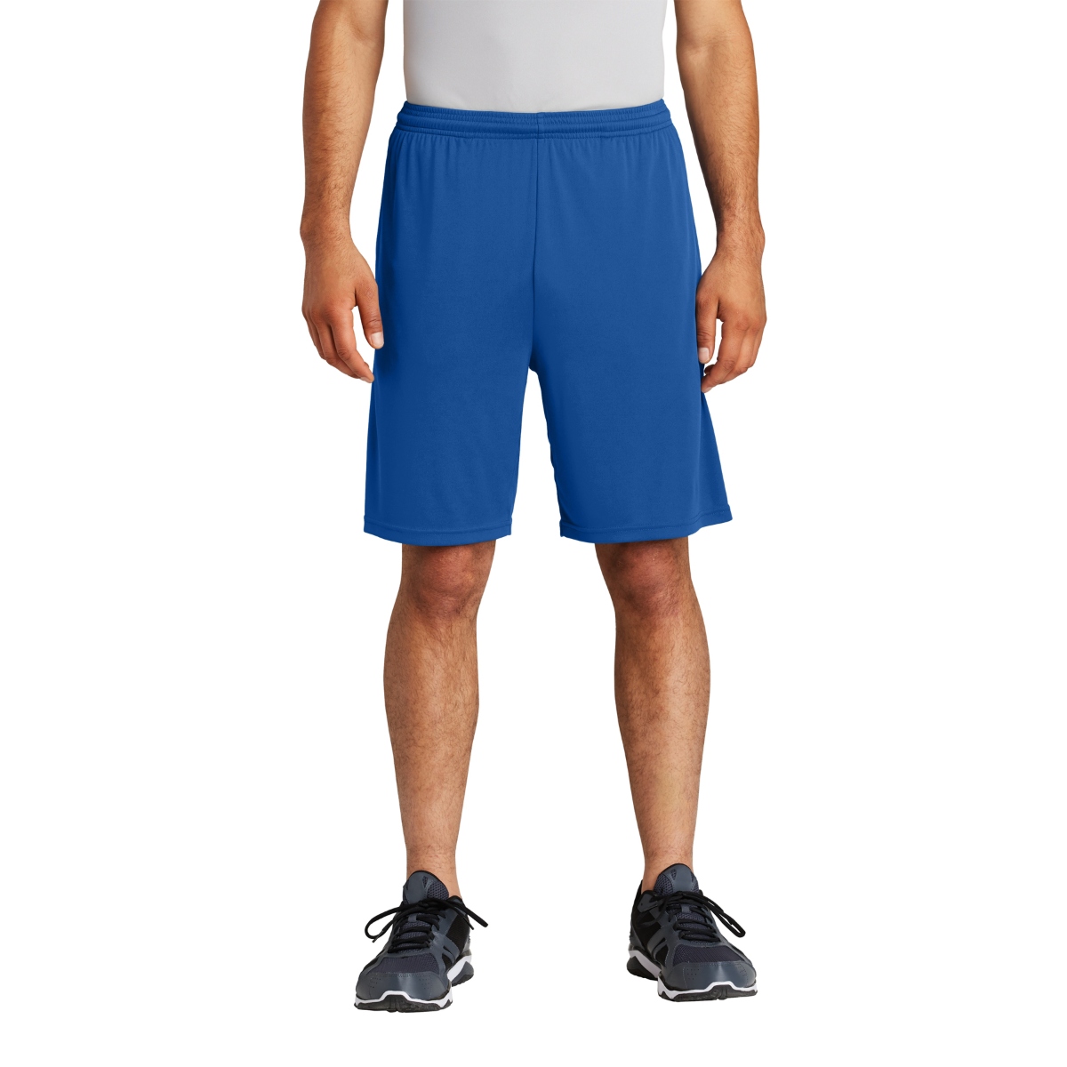 Lightweight moisture-wicking shorts with a 9-inch inseam, elastic waistband, continuous drawcord, and side pockets.