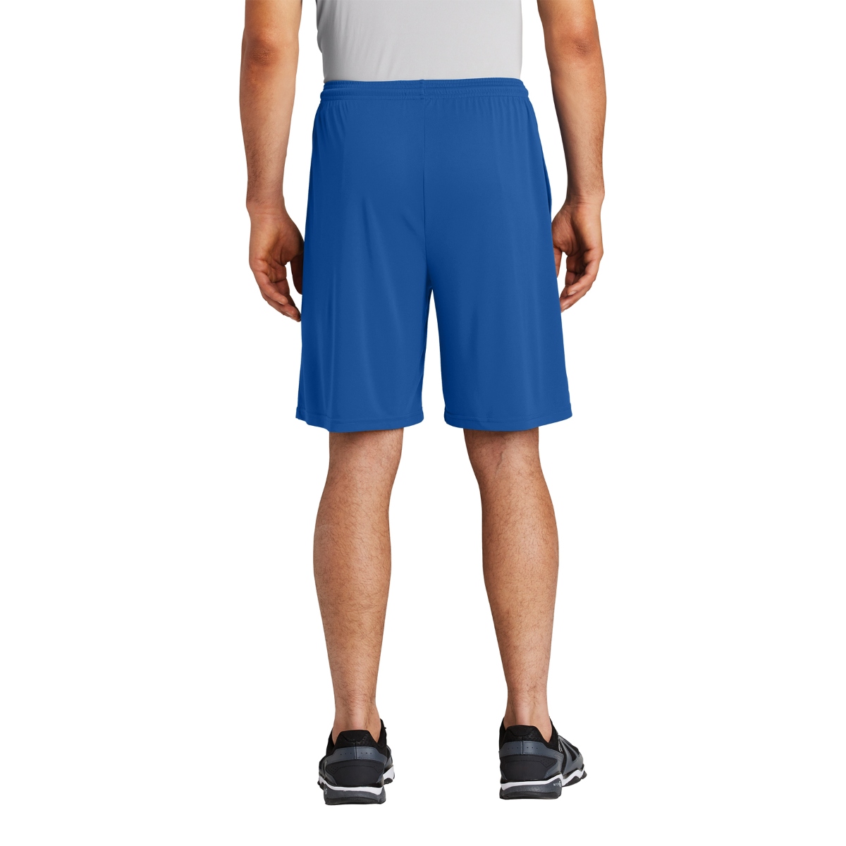 Lightweight moisture-wicking shorts with a 9-inch inseam, elastic waistband, continuous drawcord, and side pockets.