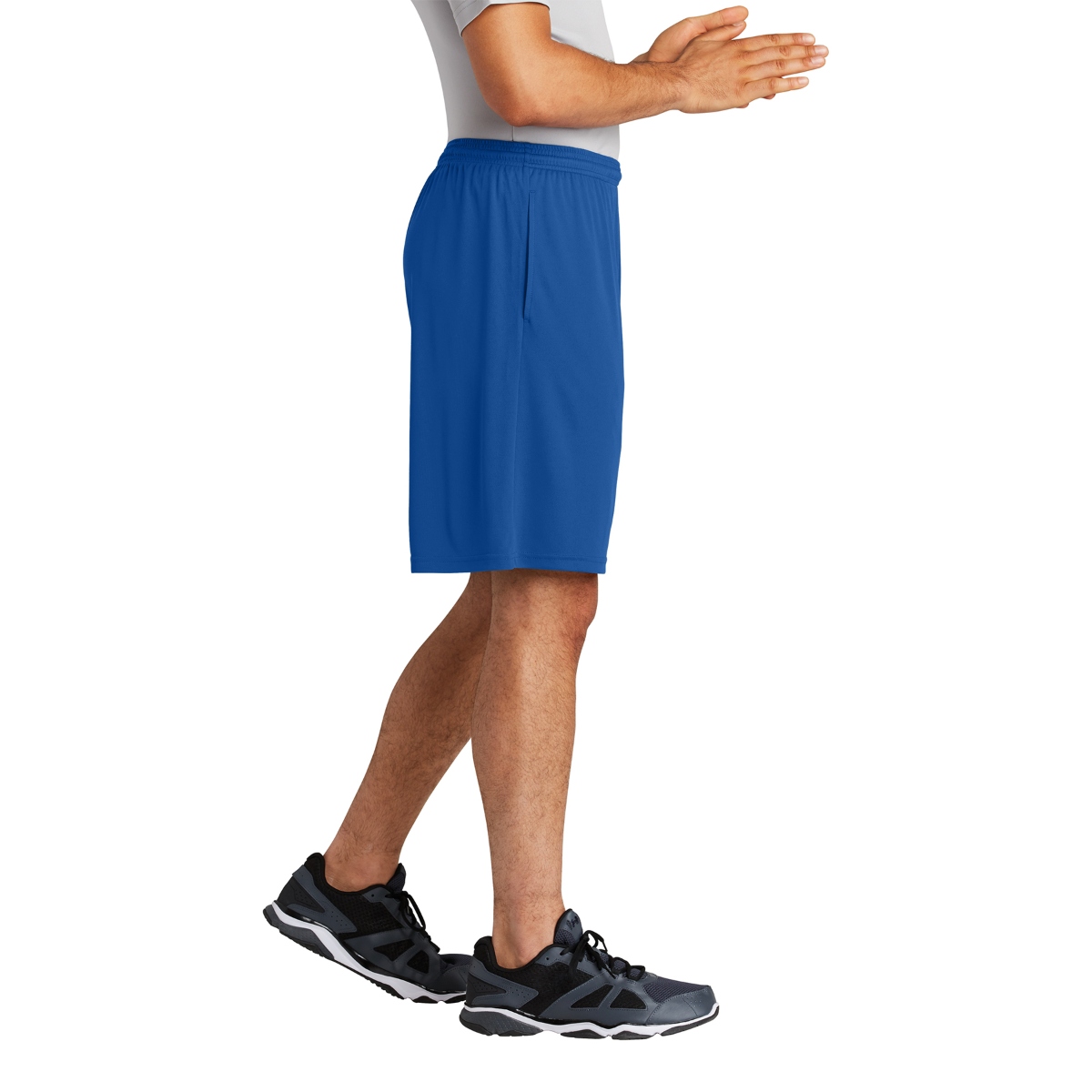 Lightweight moisture-wicking shorts with a 9-inch inseam, elastic waistband, continuous drawcord, and side pockets.