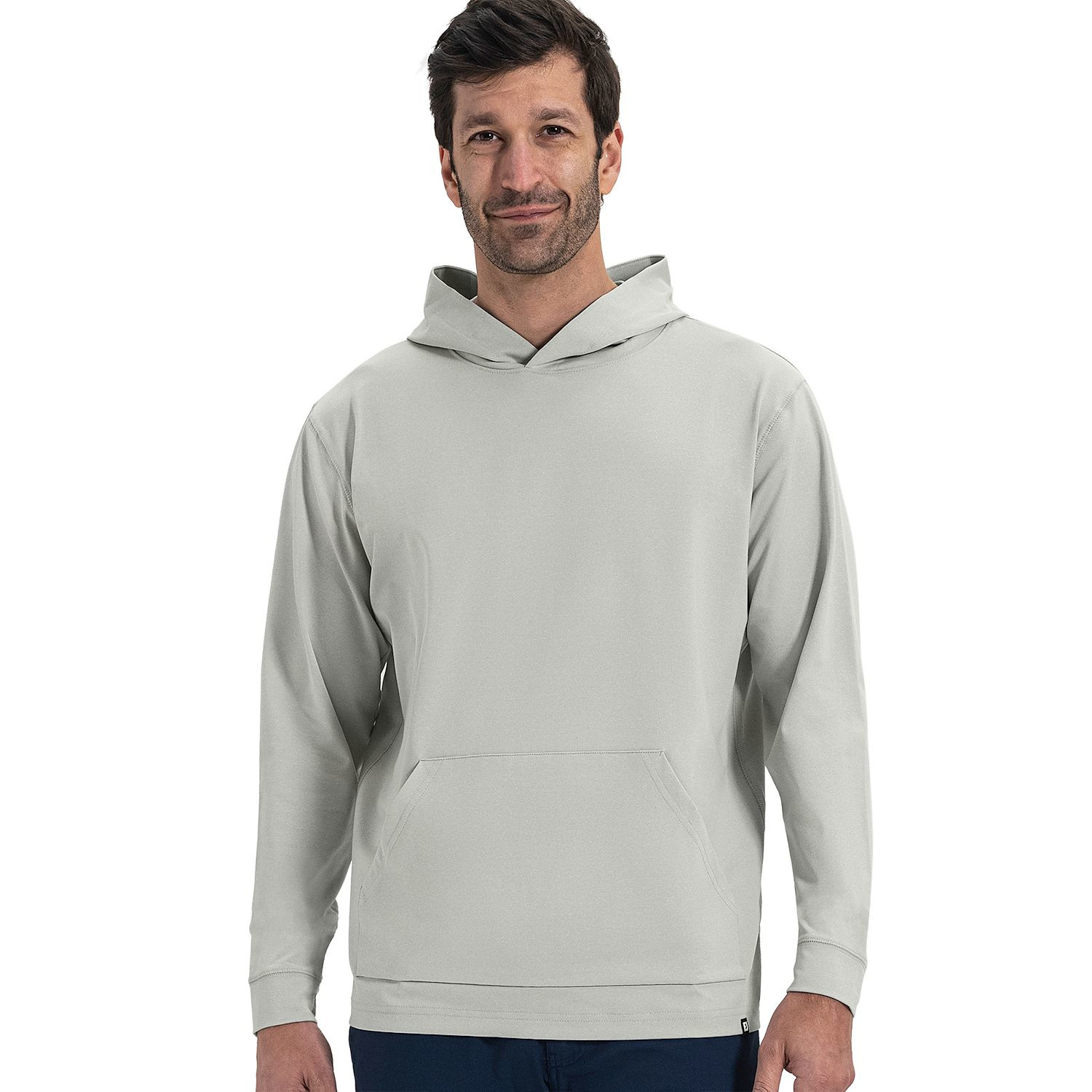 Heather gray men's performance hoodie featuring lightweight woven fabric, an overlapped hood, side pockets, and durable double-stitched seams.