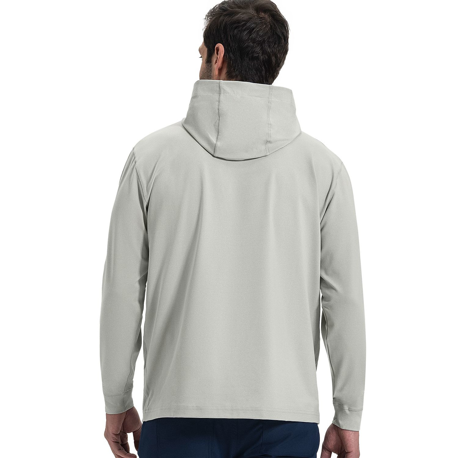 Heather gray men's performance hoodie featuring lightweight woven fabric, an overlapped hood, side pockets, and durable double-stitched seams.