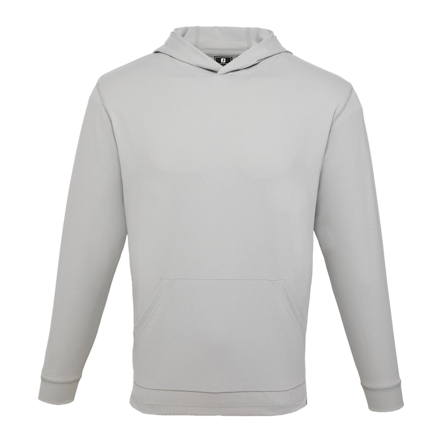Heather gray men's performance hoodie featuring lightweight woven fabric, an overlapped hood, side pockets, and durable double-stitched seams.