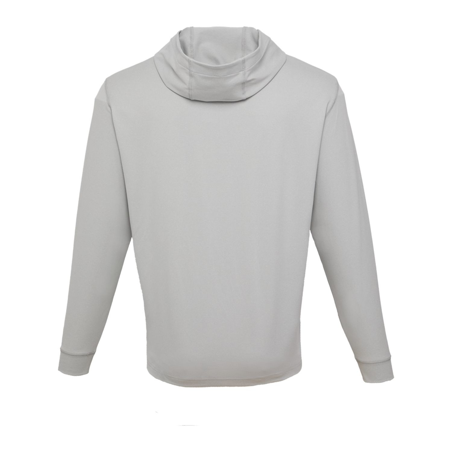 Heather gray men's performance hoodie featuring lightweight woven fabric, an overlapped hood, side pockets, and durable double-stitched seams.